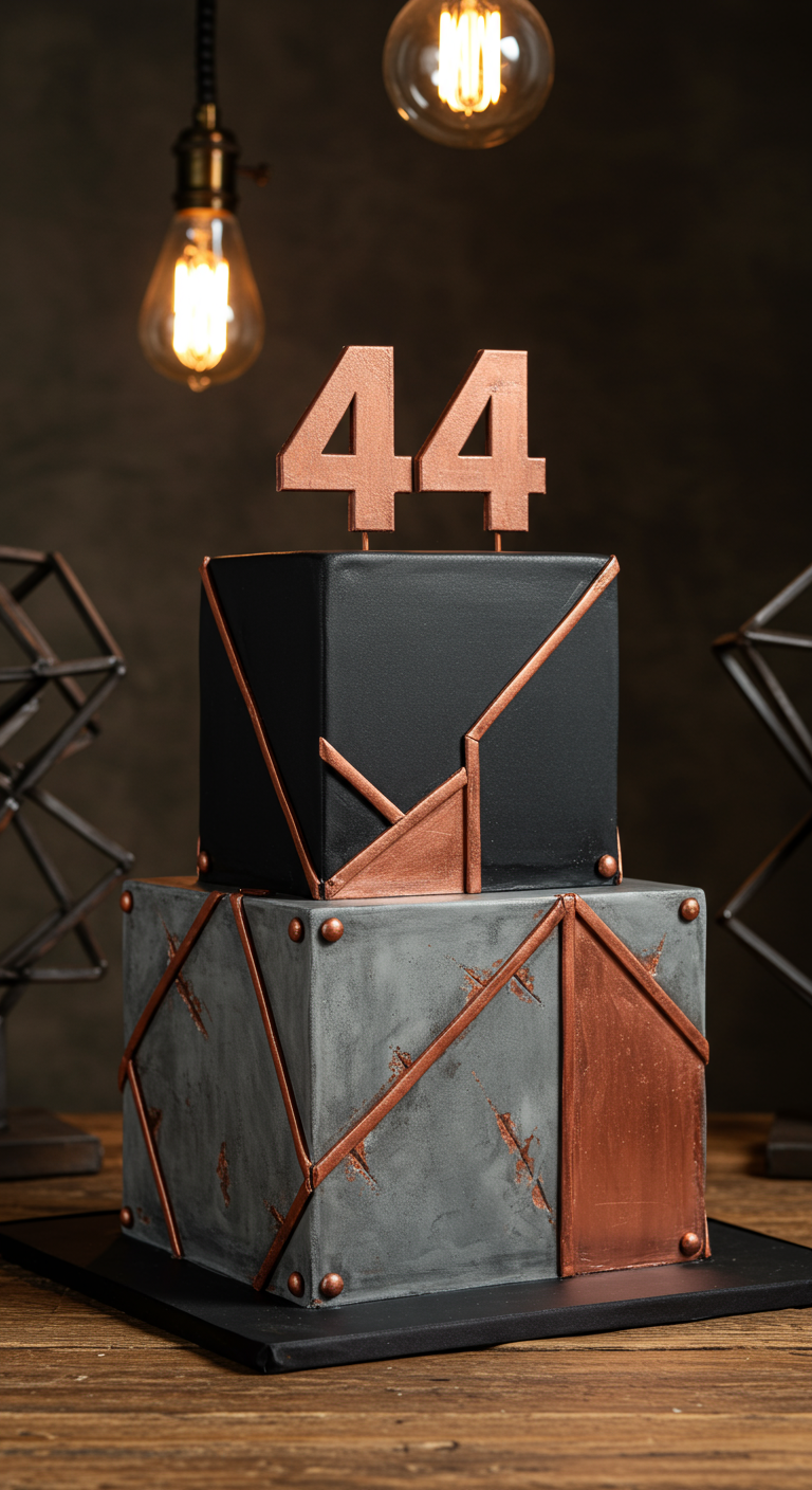 Zweistöckige quadratische Torte in Beton-Optik mit Kupfer-Akzenten und Zahl 44.