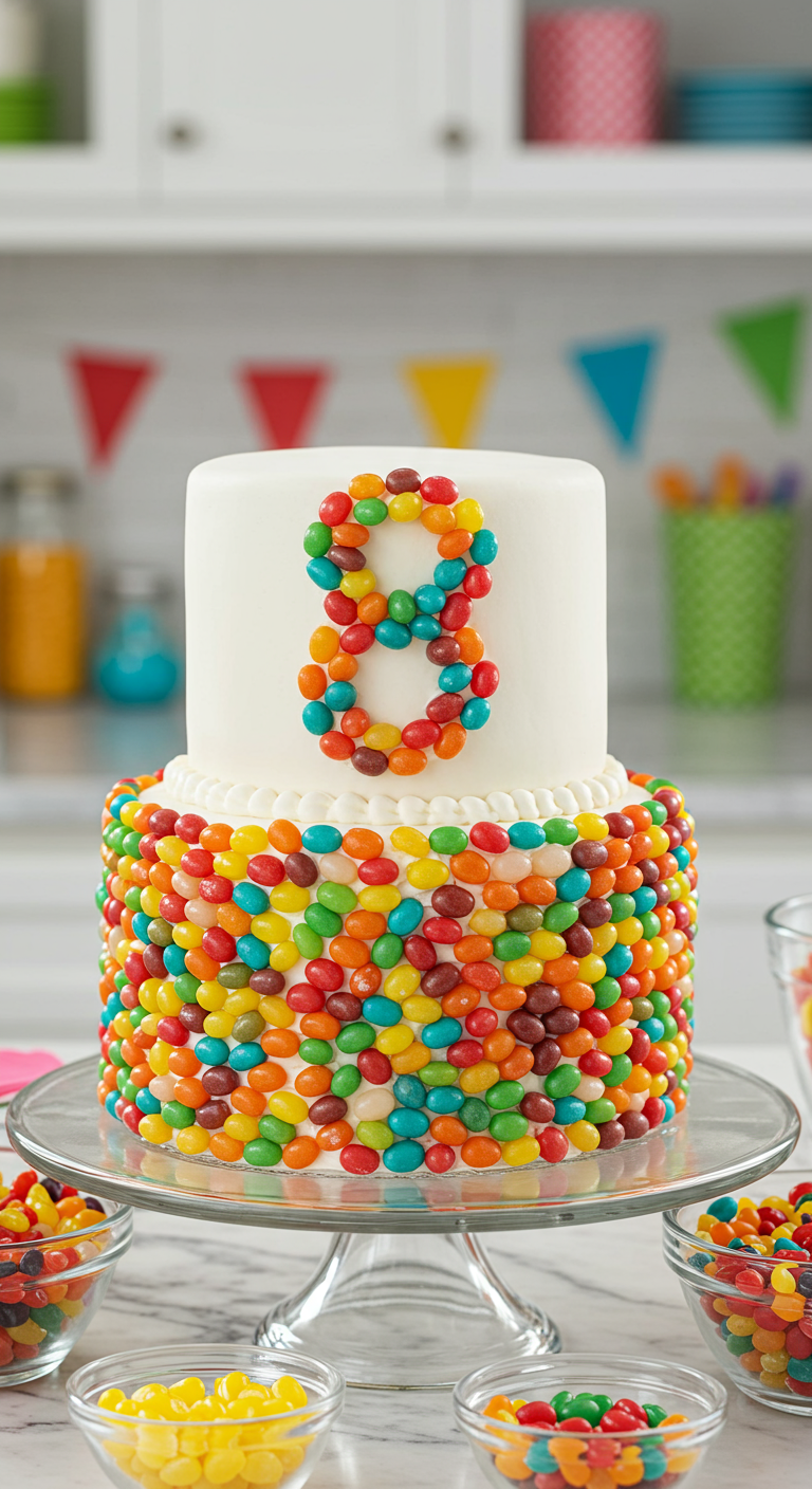 Zweistöckige weiße Torte, dicht besetzt mit bunten Jelly Beans, die eine 8 formen.