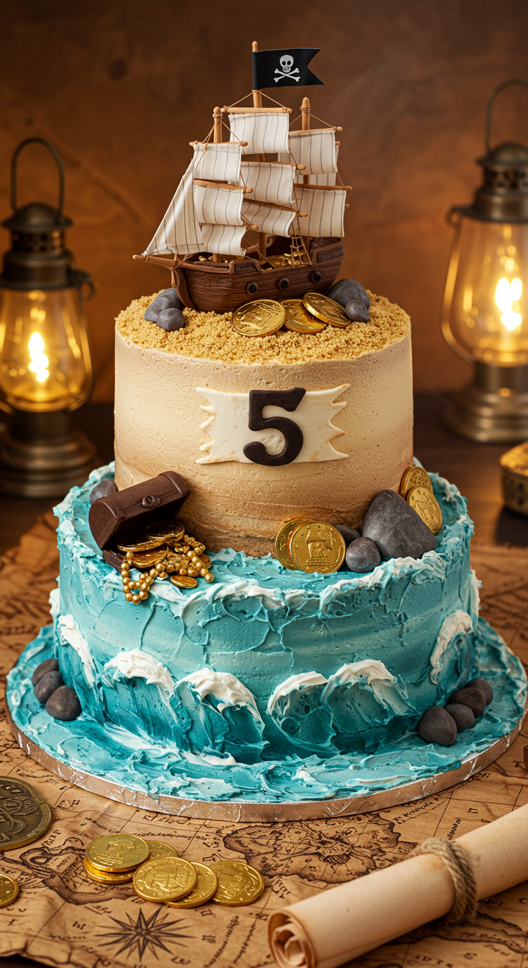 Zweistöckige Piraten-Torte mit blauen Wellen, Sand aus Keksen und Piratenschiff-Topper.