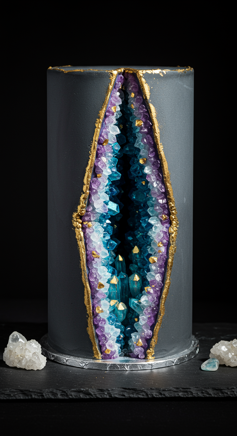 Dunkelgraue Torte mit Geode aus blauen/lila/weißen Zuckerkristallen, goldumrandet.