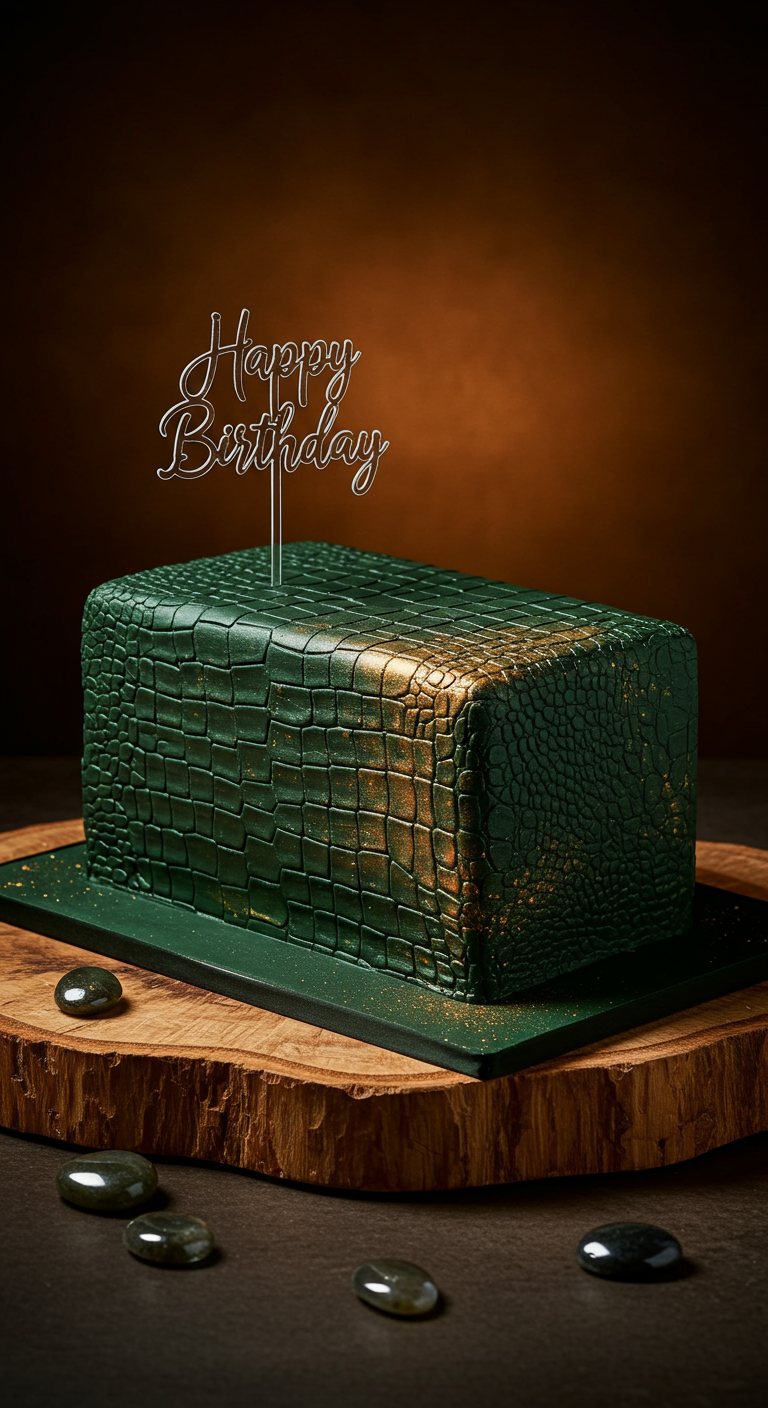 Rechteckige, dunkelgrüne Torte mit Krokodilhautmuster und Goldstaub-Akzenten.