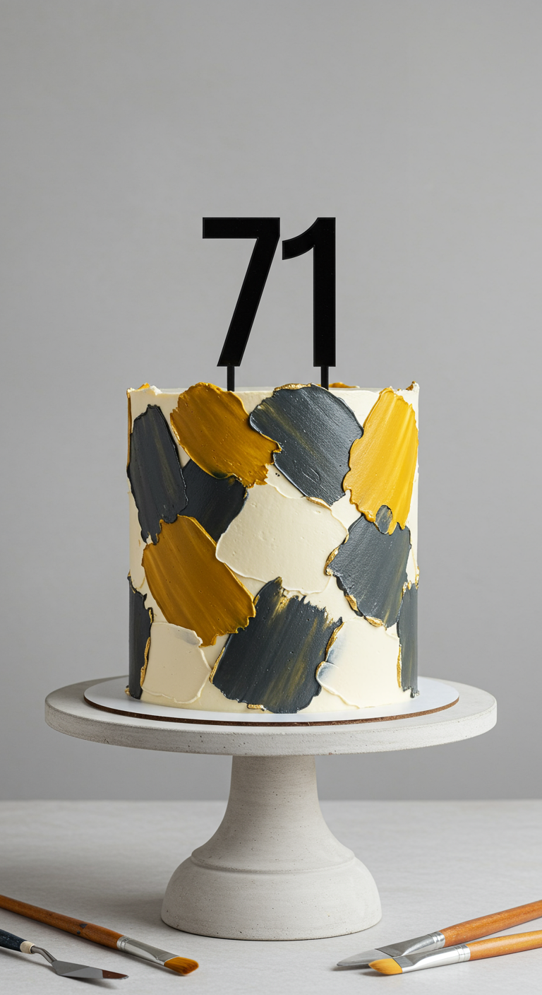 Weiße Torte mit abstrakten Gold- und Grautönen, gespachtelt, mit schwarzem