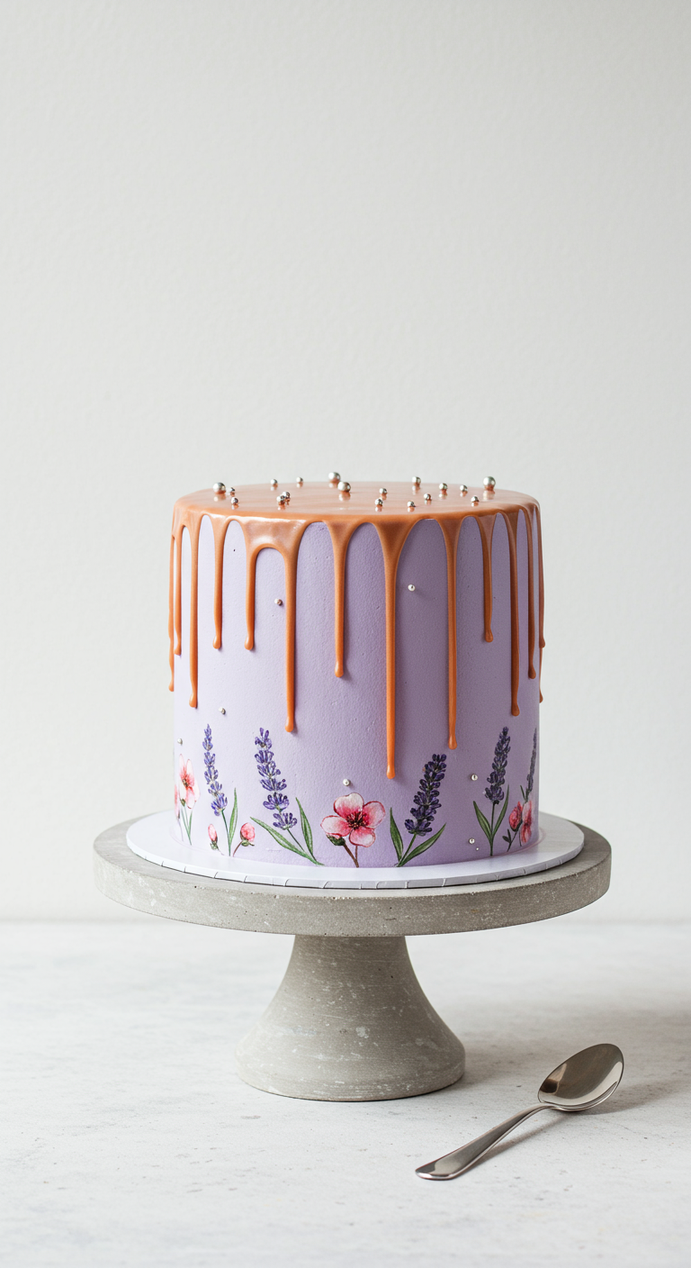 Lila Torte mit Kupfer-Drip, aufgemalten Blumen und Silberperlen.