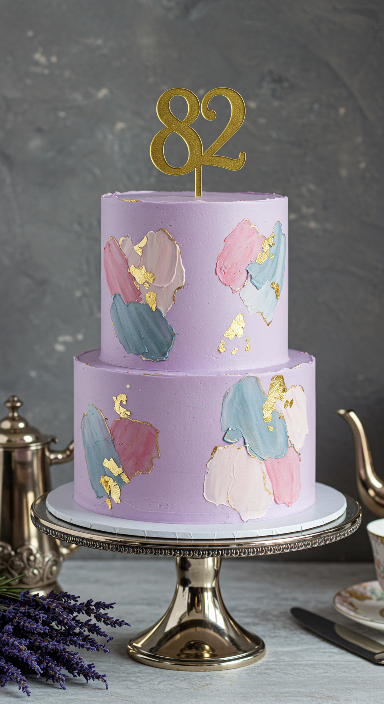 Zweistöckiger lila Kuchen mit abstrakten Pinselstrich-Mustern in Pastell und Gold.