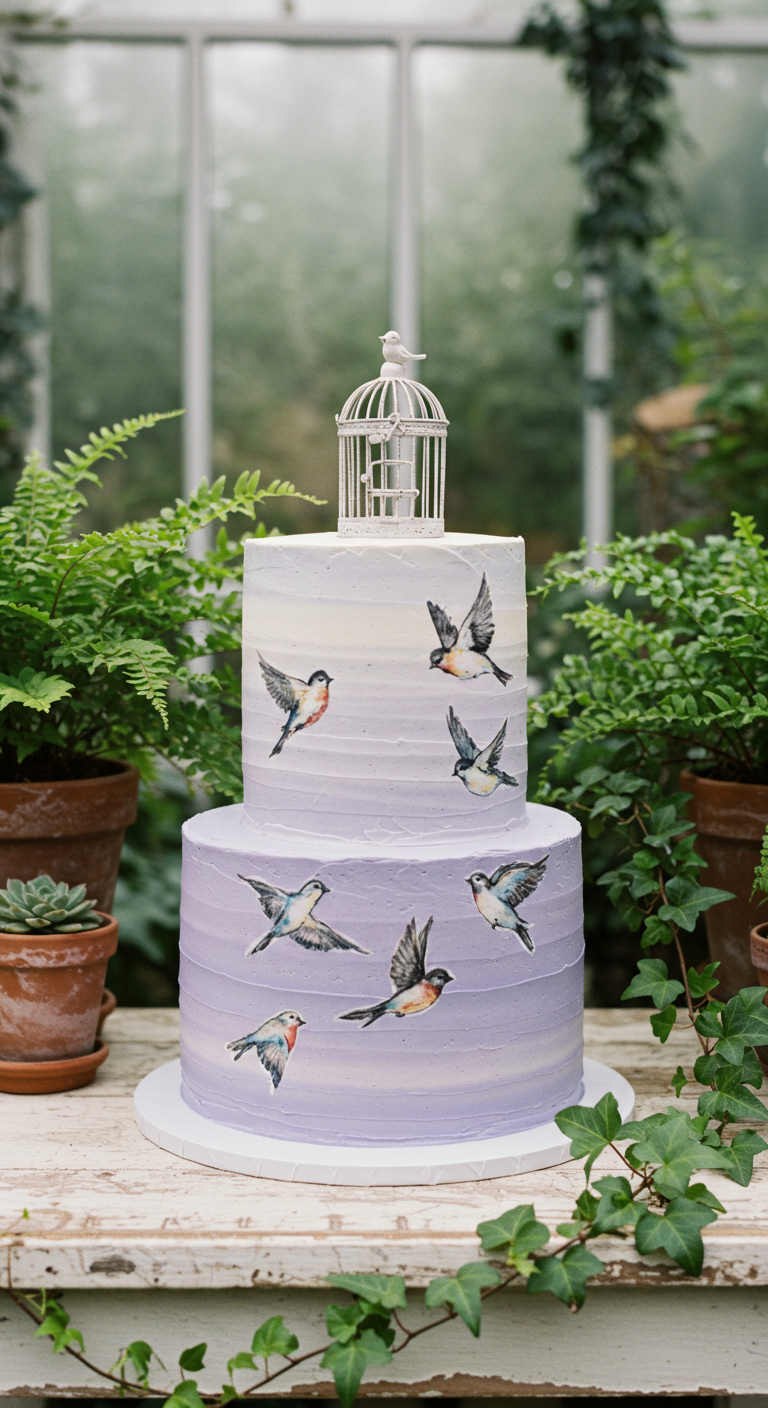 Zweistöckige lavendelfarbene Torte mit gemalten Vögeln und Mini-Vogelkäfig-Topper.