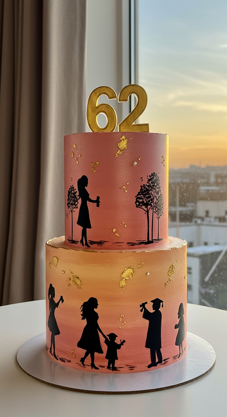 Zweistöckige Torte mit Farbverlauf und schwarzen Silhouetten, die Lebensphasen darstellen.