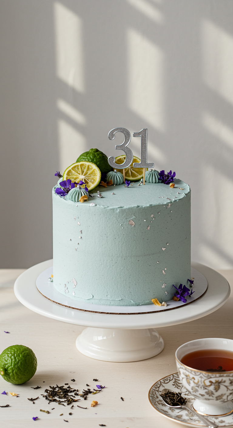 Hellblaue Torte mit Limettenscheiben, Blüten und Silber-Topper „31“.