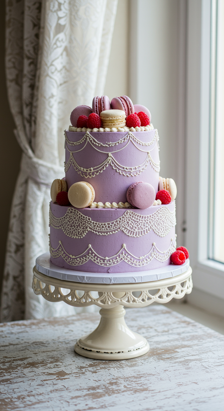 Zweistöckige lila Torte mit weißen Spitzenmustern und Macarons.