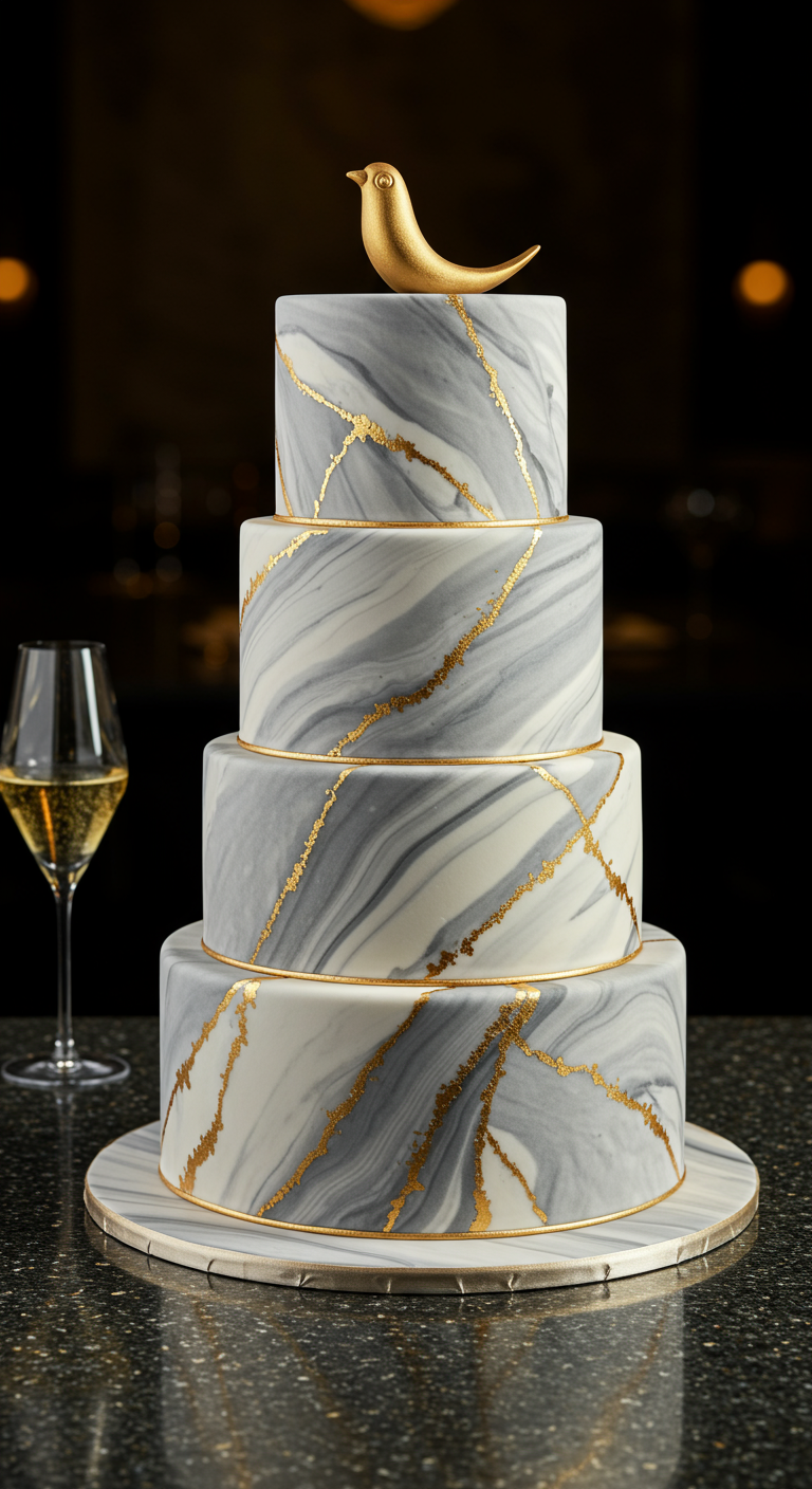 Vierstöckige Torte in Grau-Weiß-Marmoroptik mit goldenen Akzentlinien und goldenem Vogel-Topper.