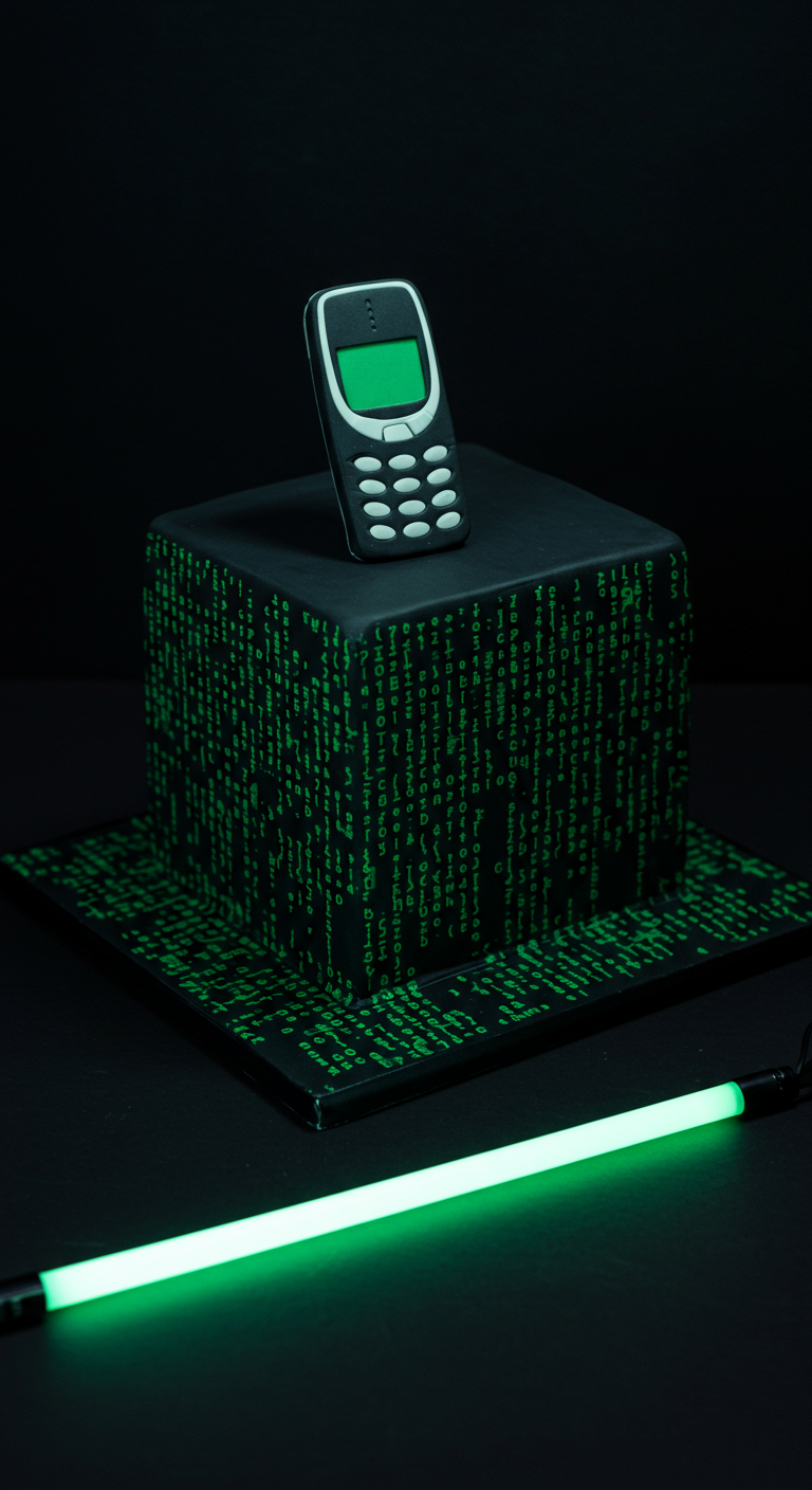 Schwarze Y2K-Torte mit grünem Matrix-Code und einem Nokia-Handy aus Fondant.