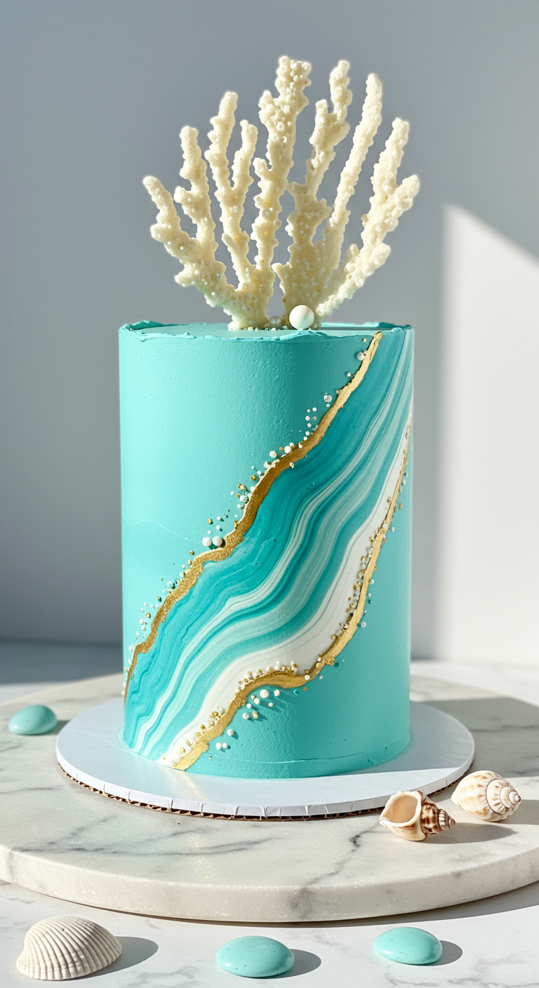 Türkise Torte mit weiß-goldener Wellenstruktur und weißer Koralle.