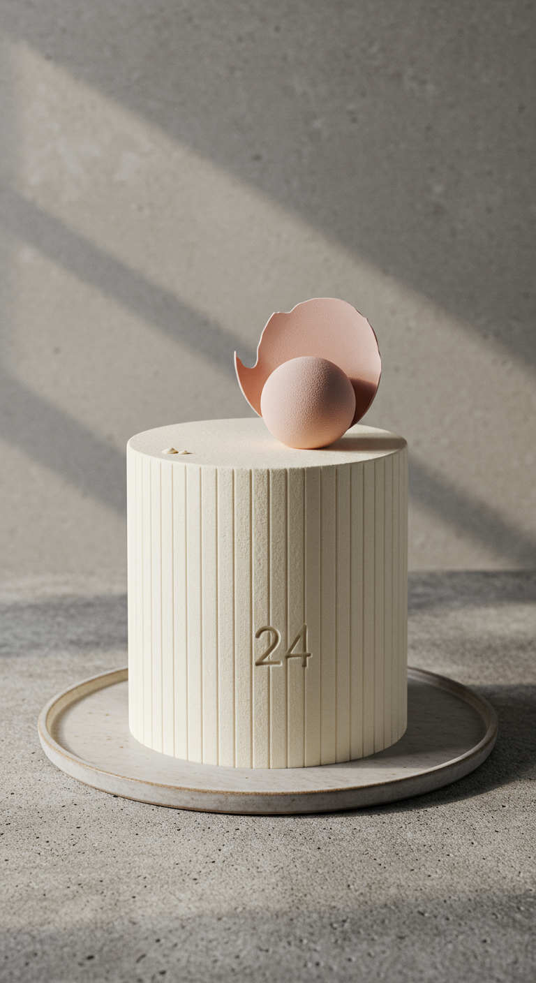 Minimalistische weiße Torte mit vertikalen Rillen und einem zerbrochenen rosa Ei als Deko.
