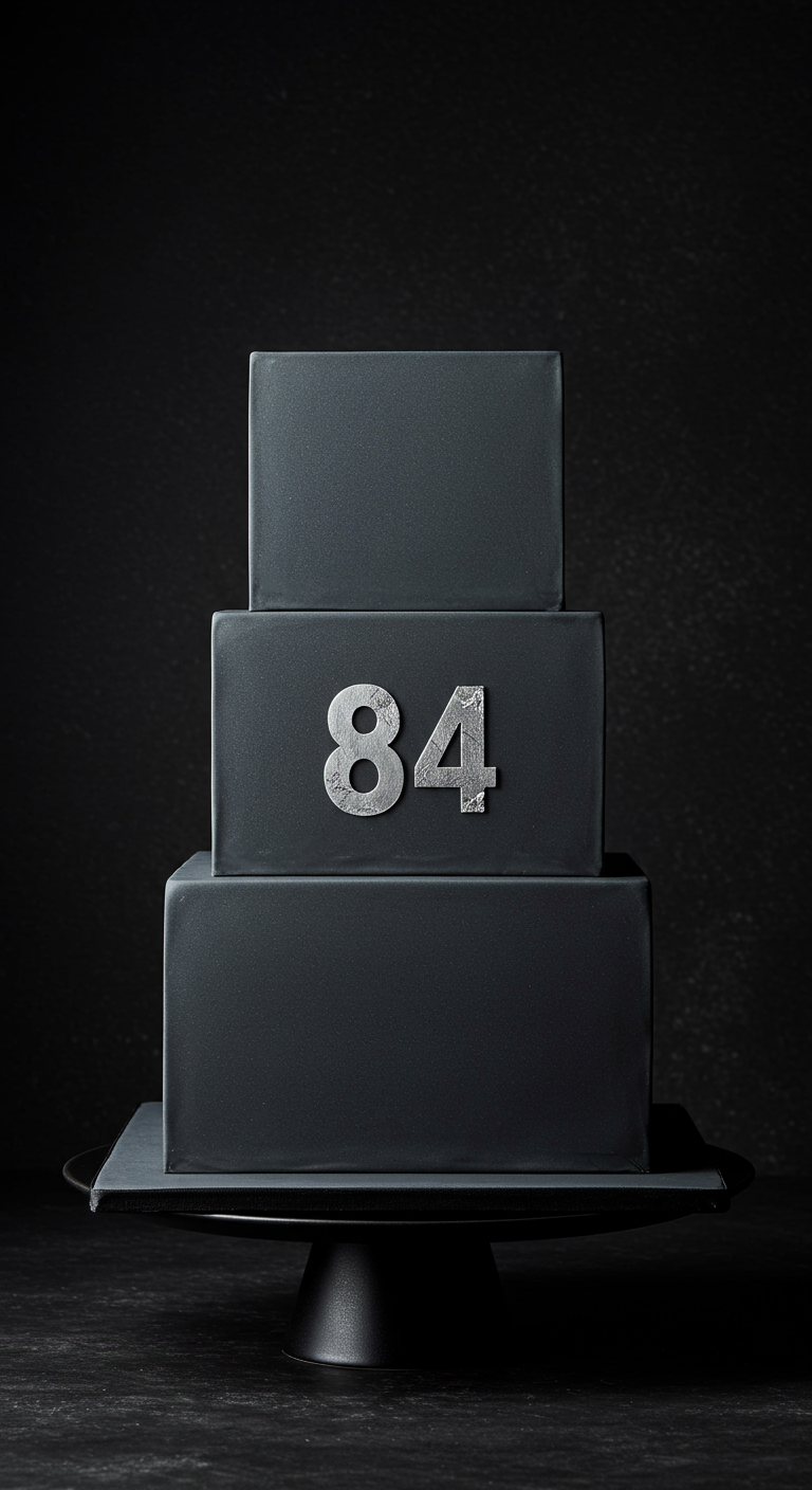 Dreistöckige, mattschwarze, eckige Torte mit silberner Zahl 84.
