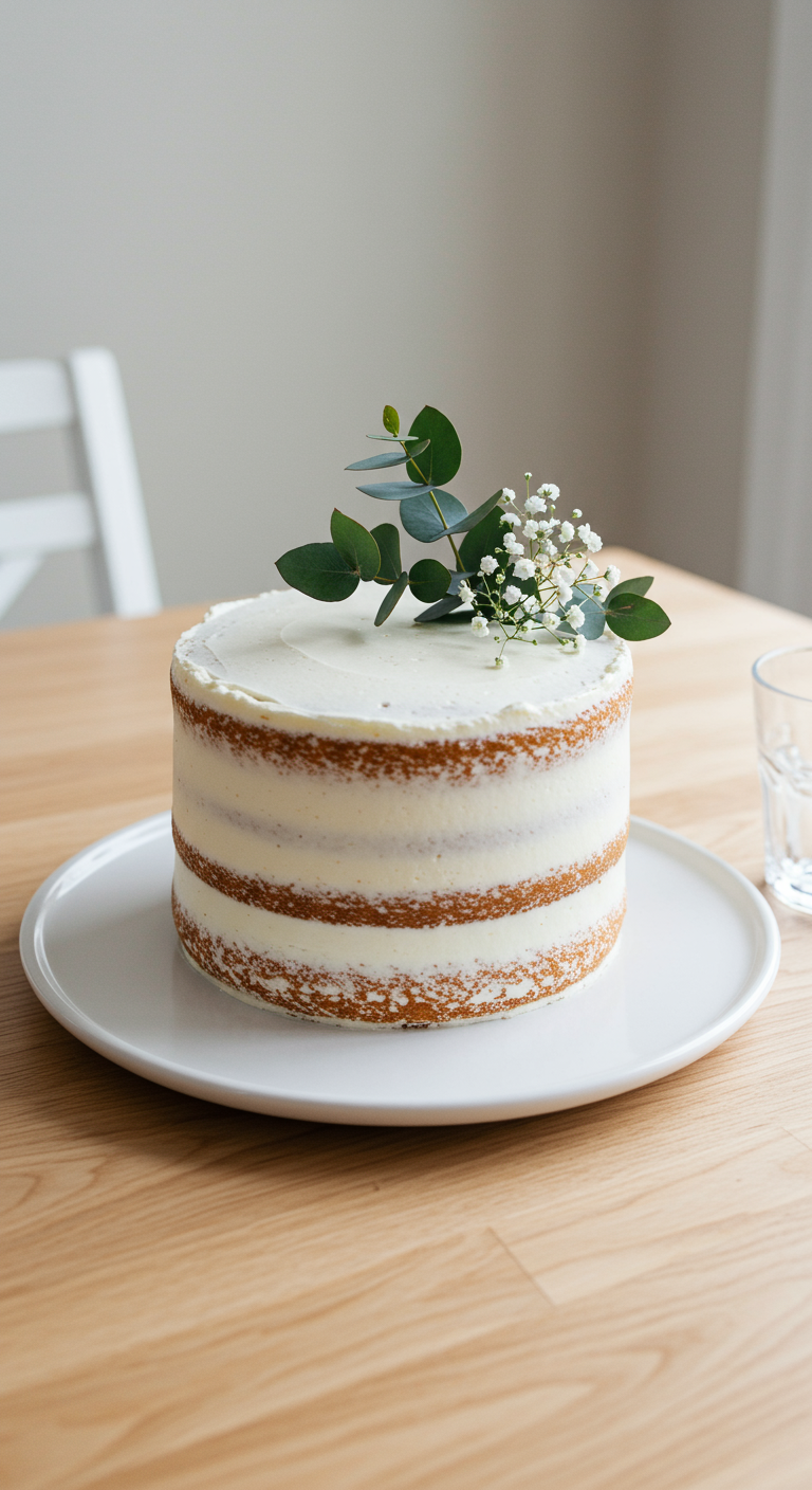 Einfacher Naked Cake mit weißen Cremeschichten und Deko aus Eukalyptus und Schleierkraut.