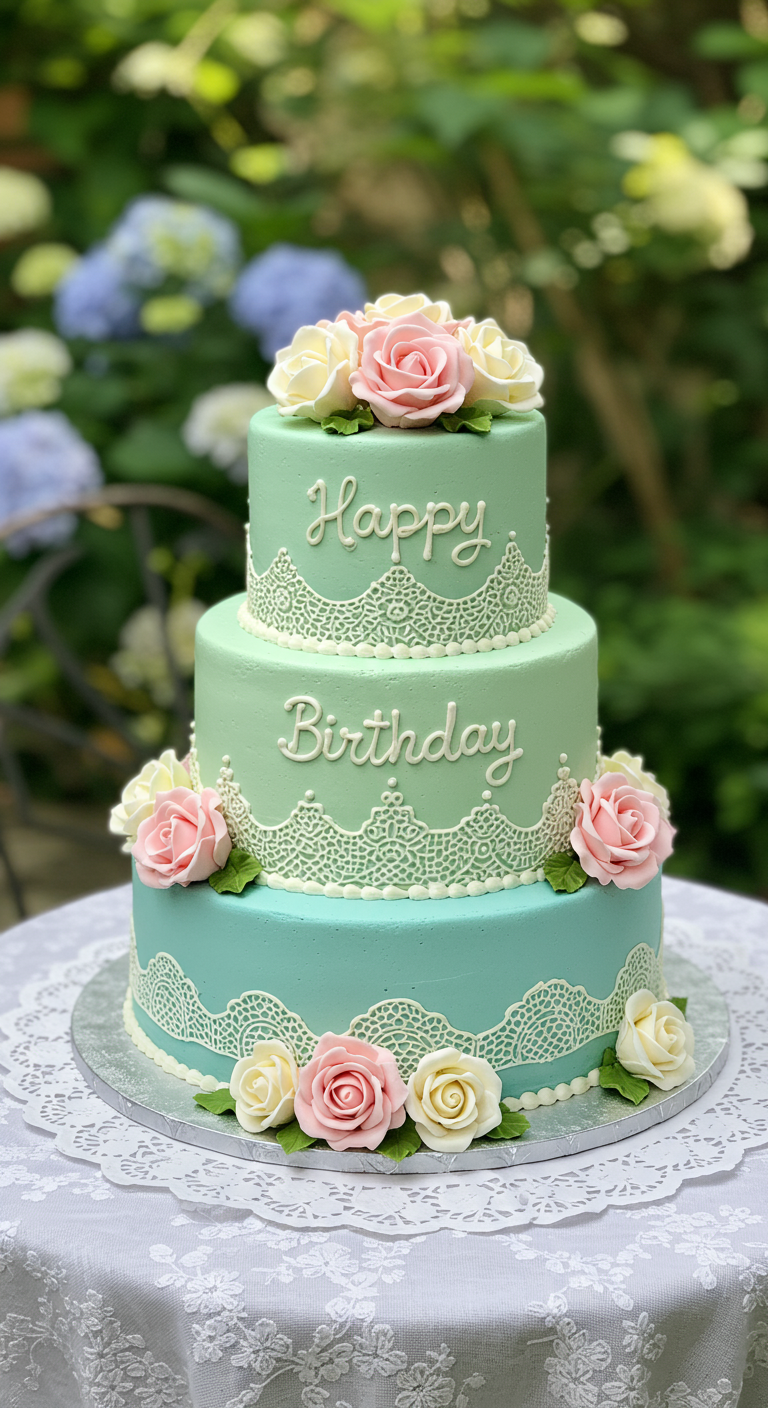 Dreistöckige mintgrüne Torte mit weißer Spitze und rosa-weißen Rosen.