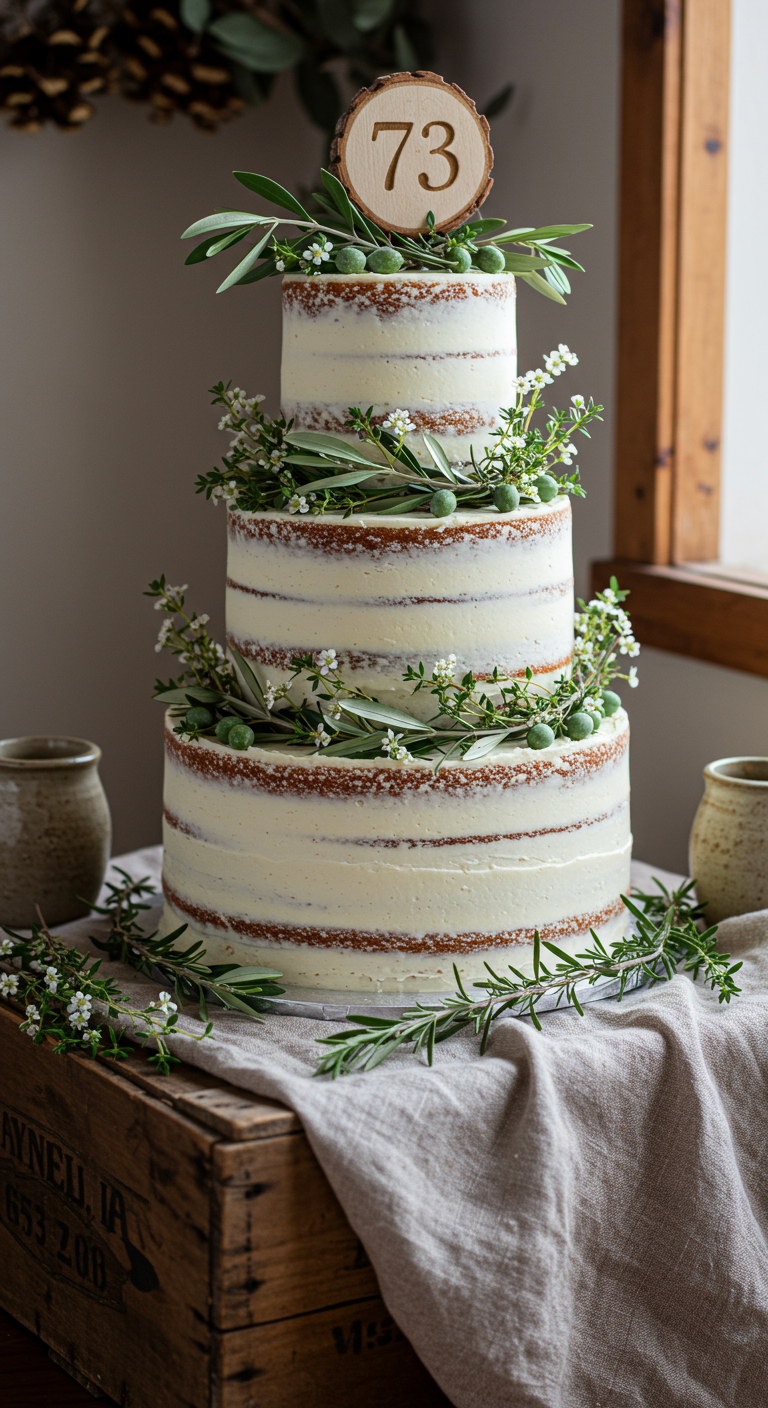 Dreistöckiger Naked Cake mit Olivenzweigen und weißen Blümchen dekoriert.