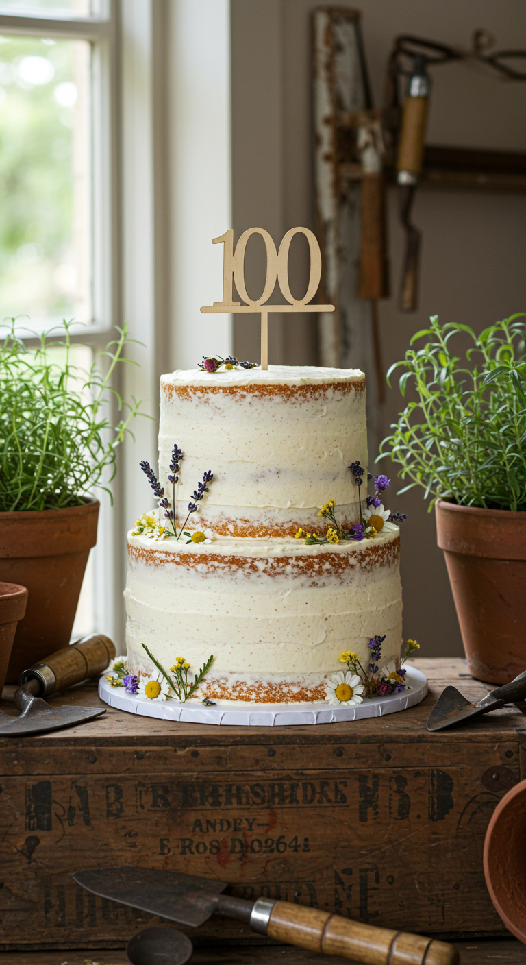 Zweistöckiger Naked Cake mit frischen Wiesenblumen und Holz-'100'-Topper.
