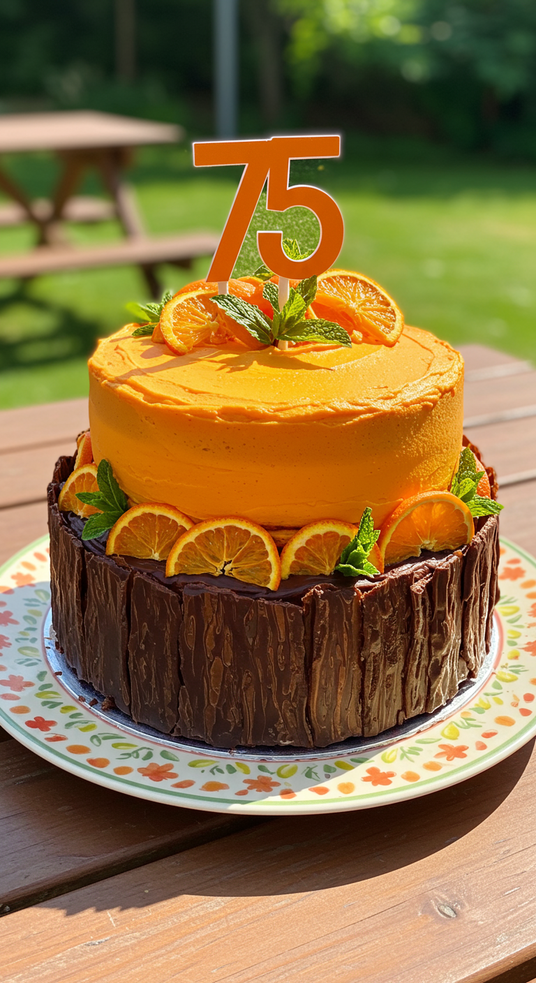 Zweistöckige Torte: obere Etage orange, untere mit Schokostücken ummantelt, dekoriert mit Orangenscheiben.