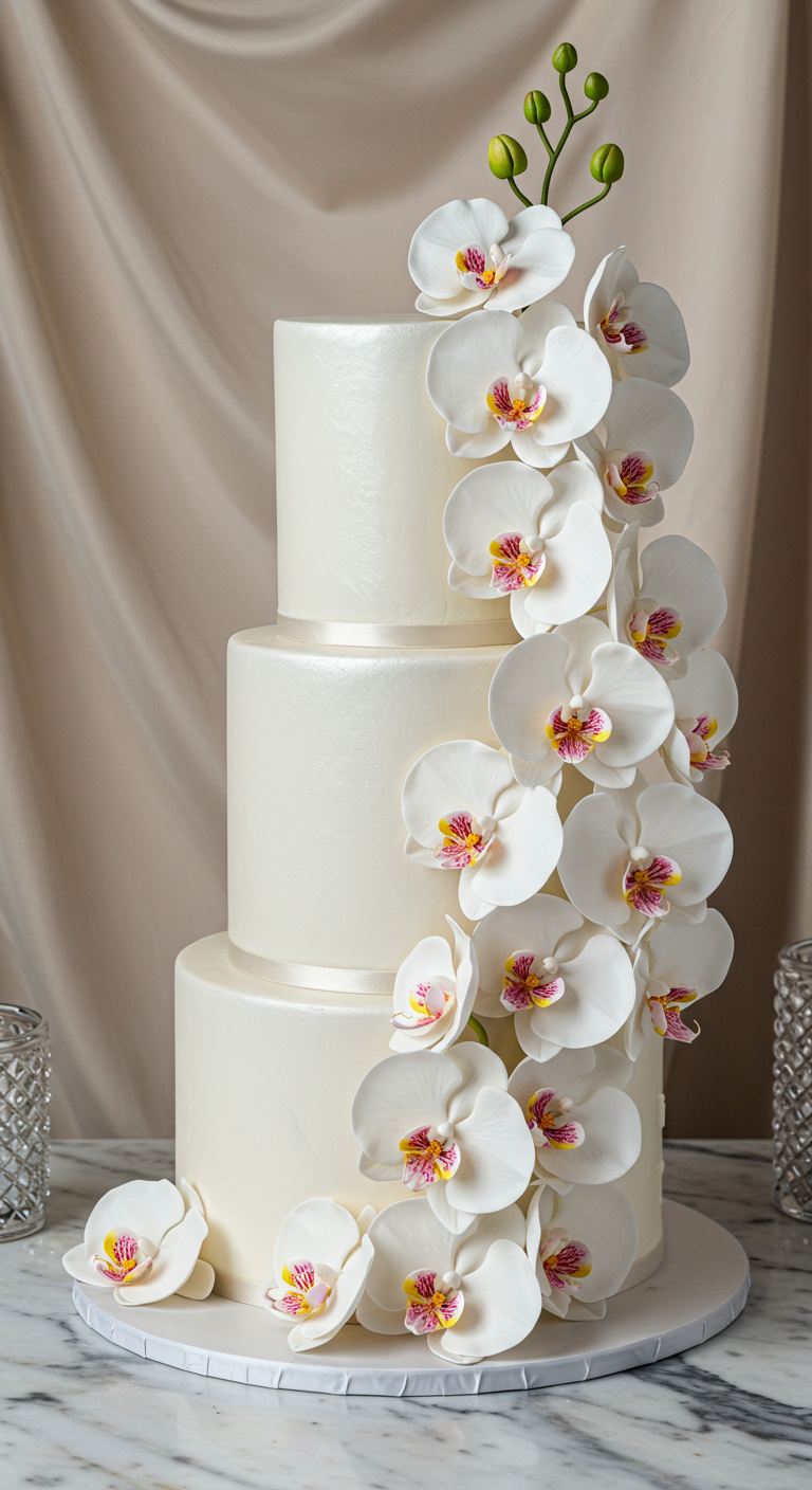 Dreistöckige weiße Torte mit einer Kaskade aus echten weißen Orchideen.