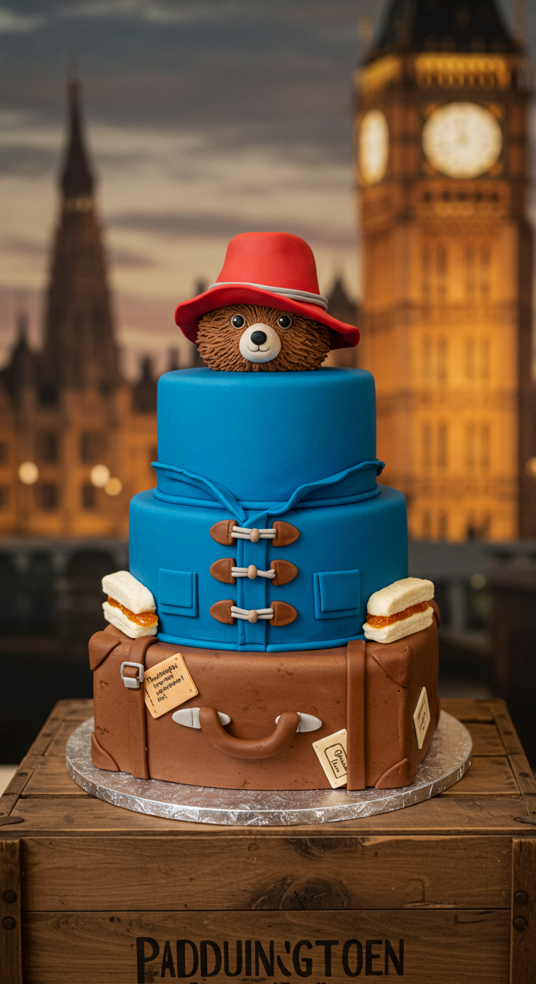 Paddington Bär Torte als Koffer und Dufflecoat mit rotem Hut und Marmeladen-Sandwiches.