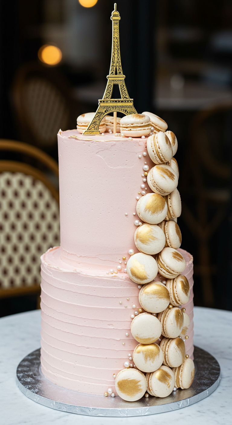 Rosafarbene Torte, dekoriert mit einer Kaskade aus weißen und goldenen Macarons und Eiffelturm-Topper.