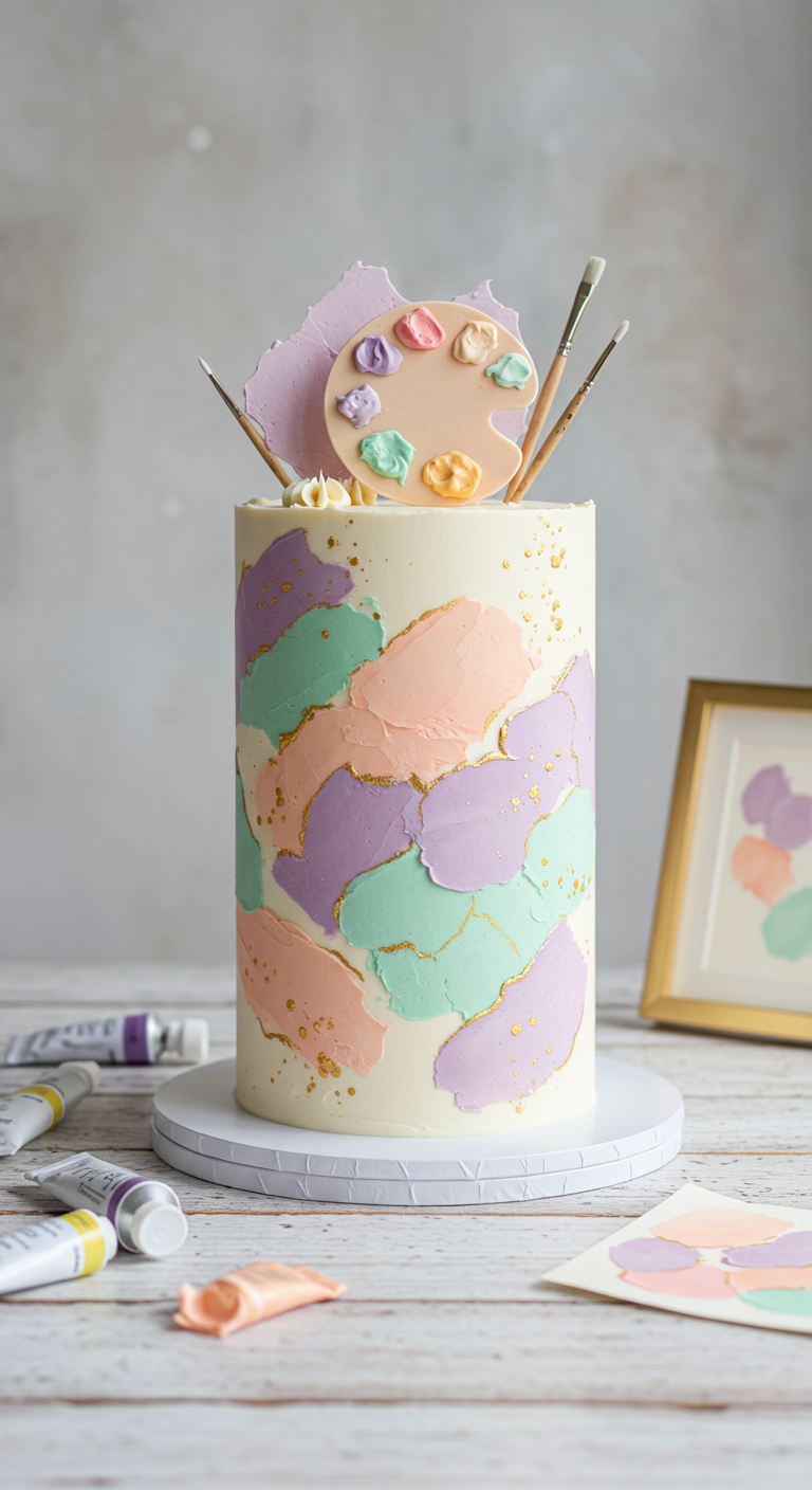 Hohe weiße Torte mit pastellfarbenen Buttercreme-Strichen und Farbpaletten-Deko.