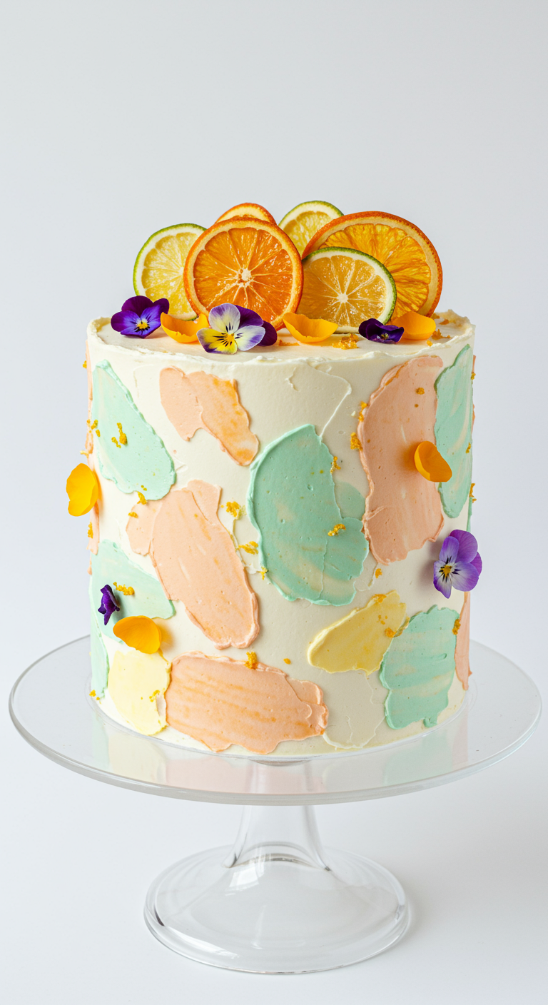 Hohe Torte mit pastellfarbenen Buttercreme-Flecken, getrockneten Zitrus-Chips und Hornveilchen.
