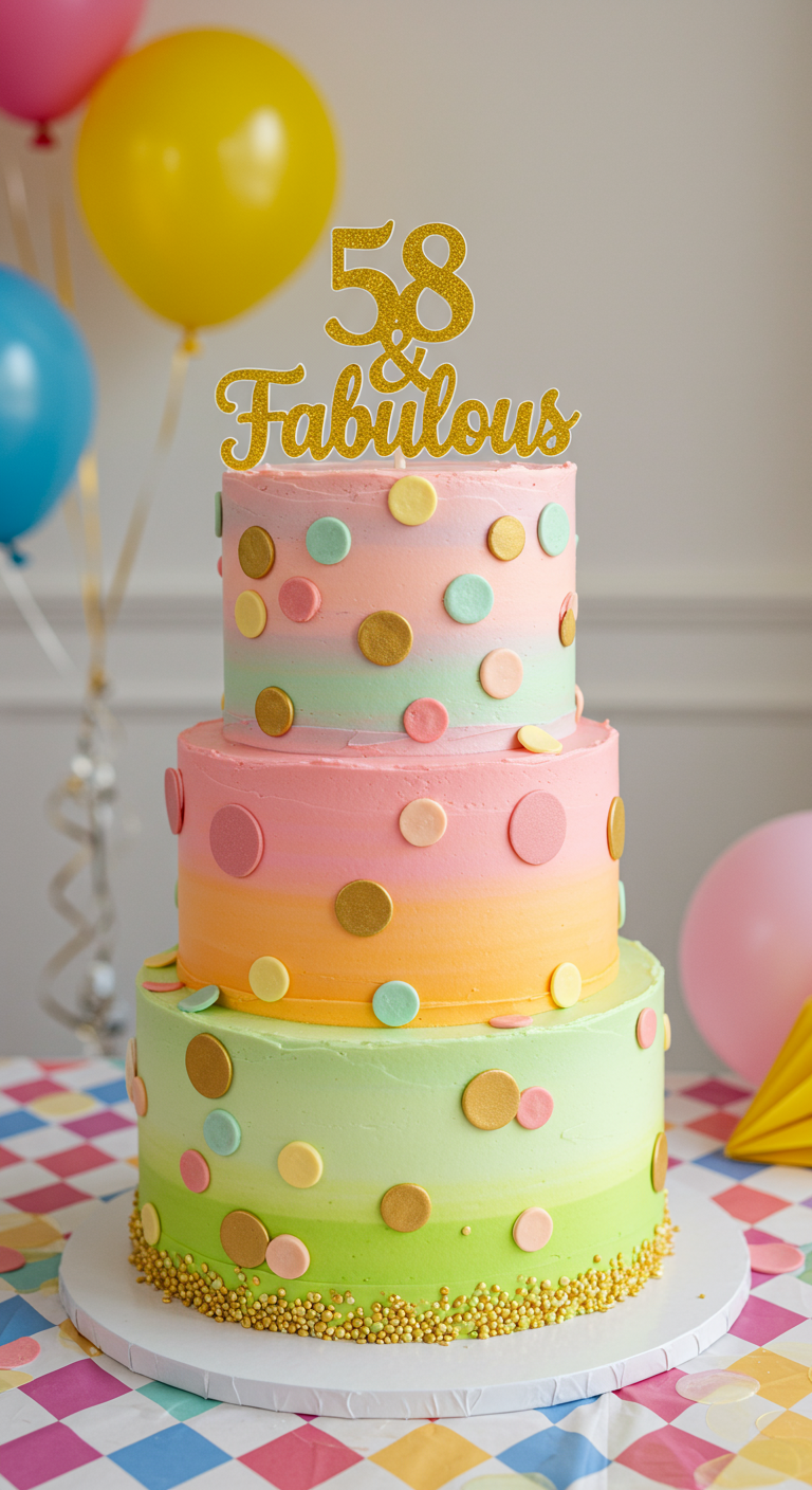Dreistöckige Torte in Pastellfarben mit bunten und goldenen Punkten und „58 & Fabulous“ Topper.