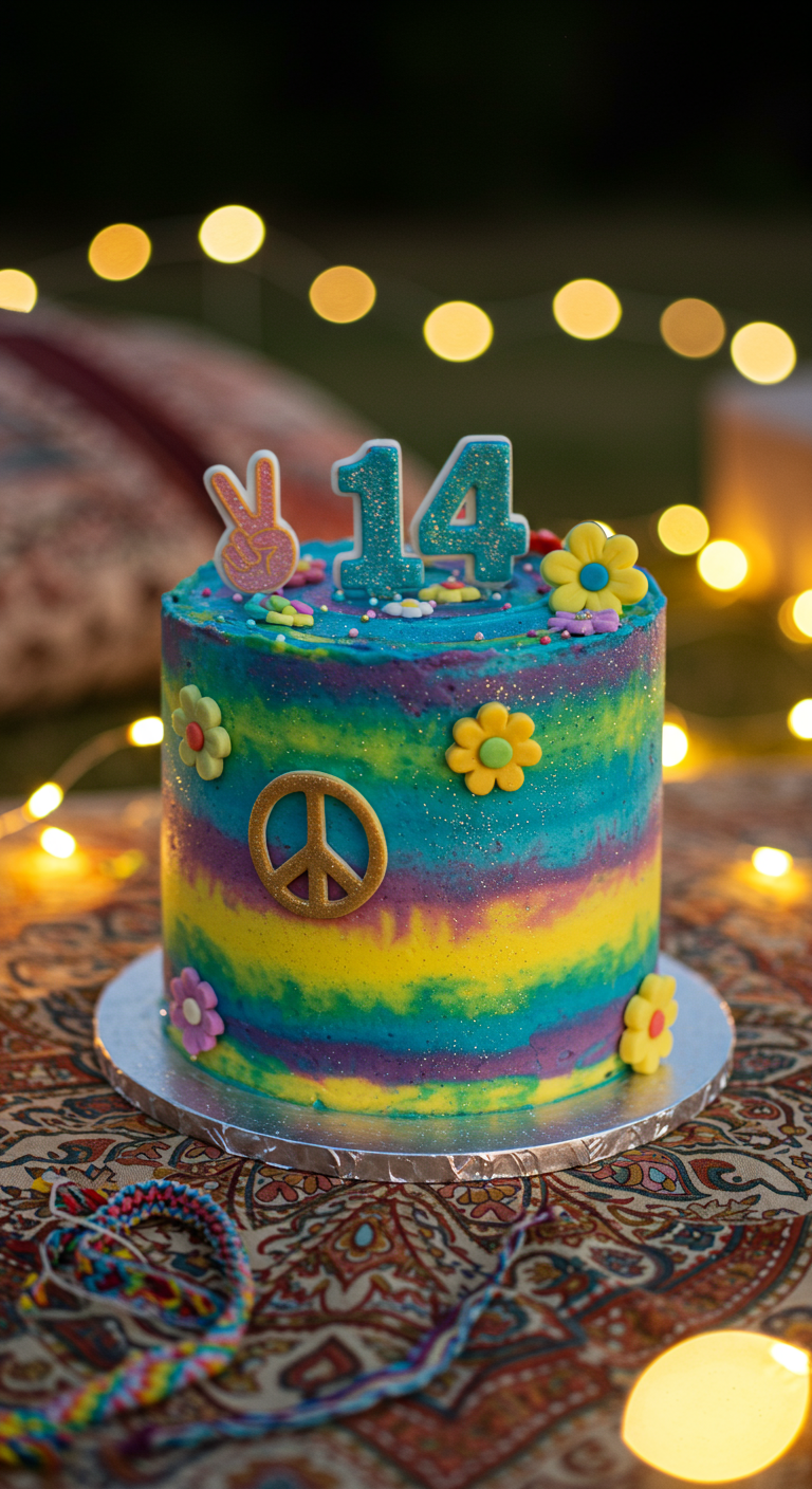 Bunte Tie-Dye-Torte mit Hippie-Symbolen wie Peace-Zeichen und Blumen.