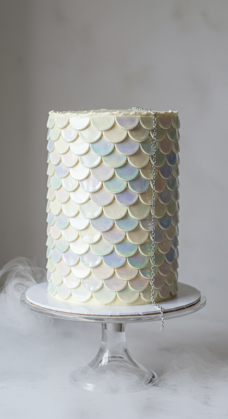 Weiße Torte mit irisierenden Schuppen und einer silbernen Kette.