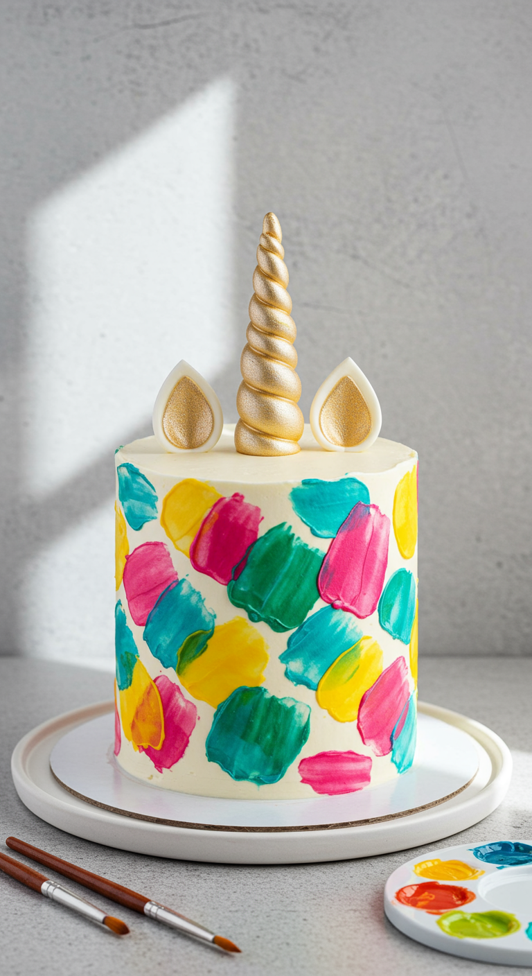 Weiße Einhorntorte mit abstrakten, bunten Pinselstrichen in Pink, Gelb, Grün und Blau.