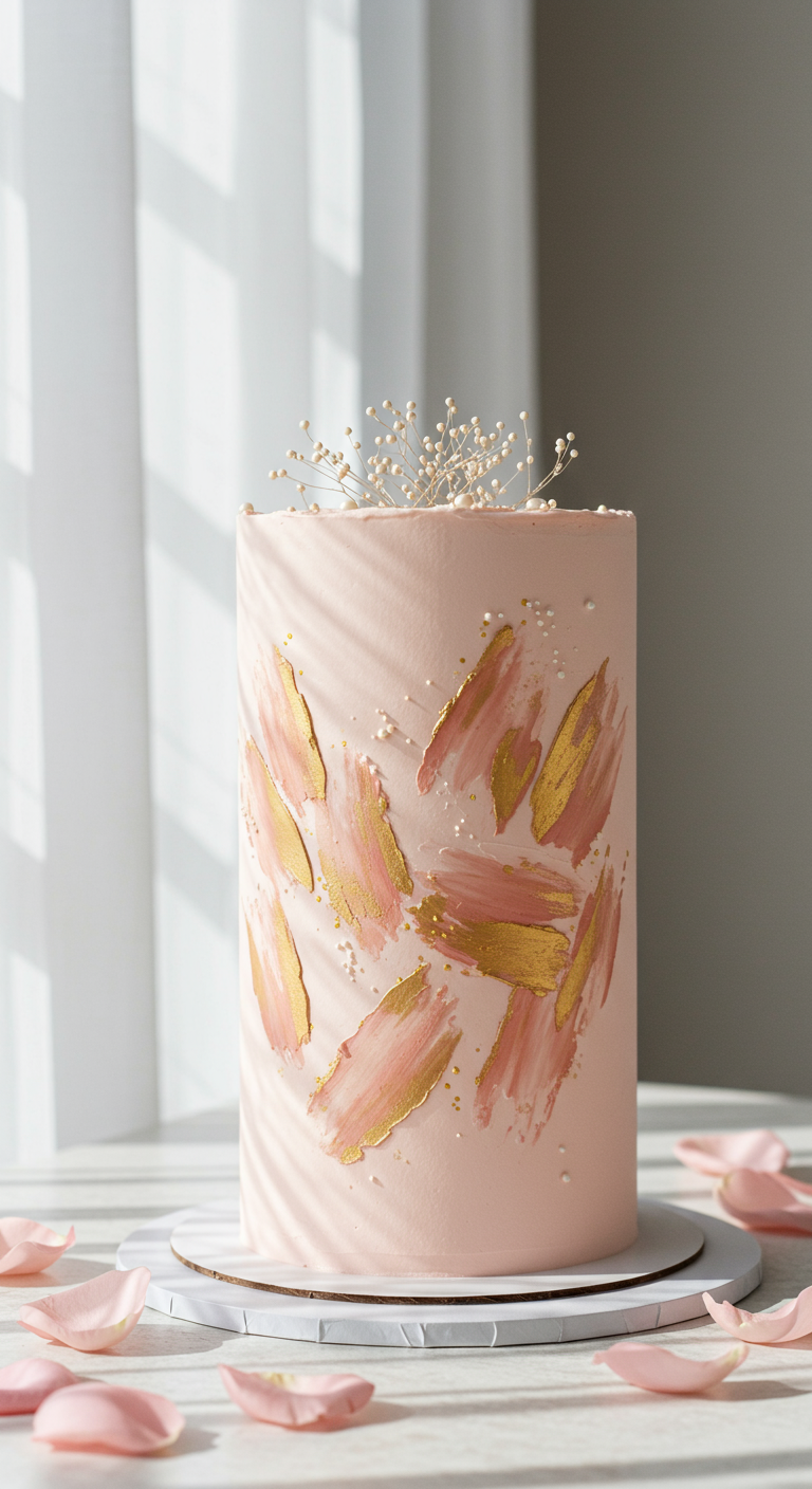 Zartrosa Torte mit goldenen und rosa Pinselstrichen und kleinen Perlen.