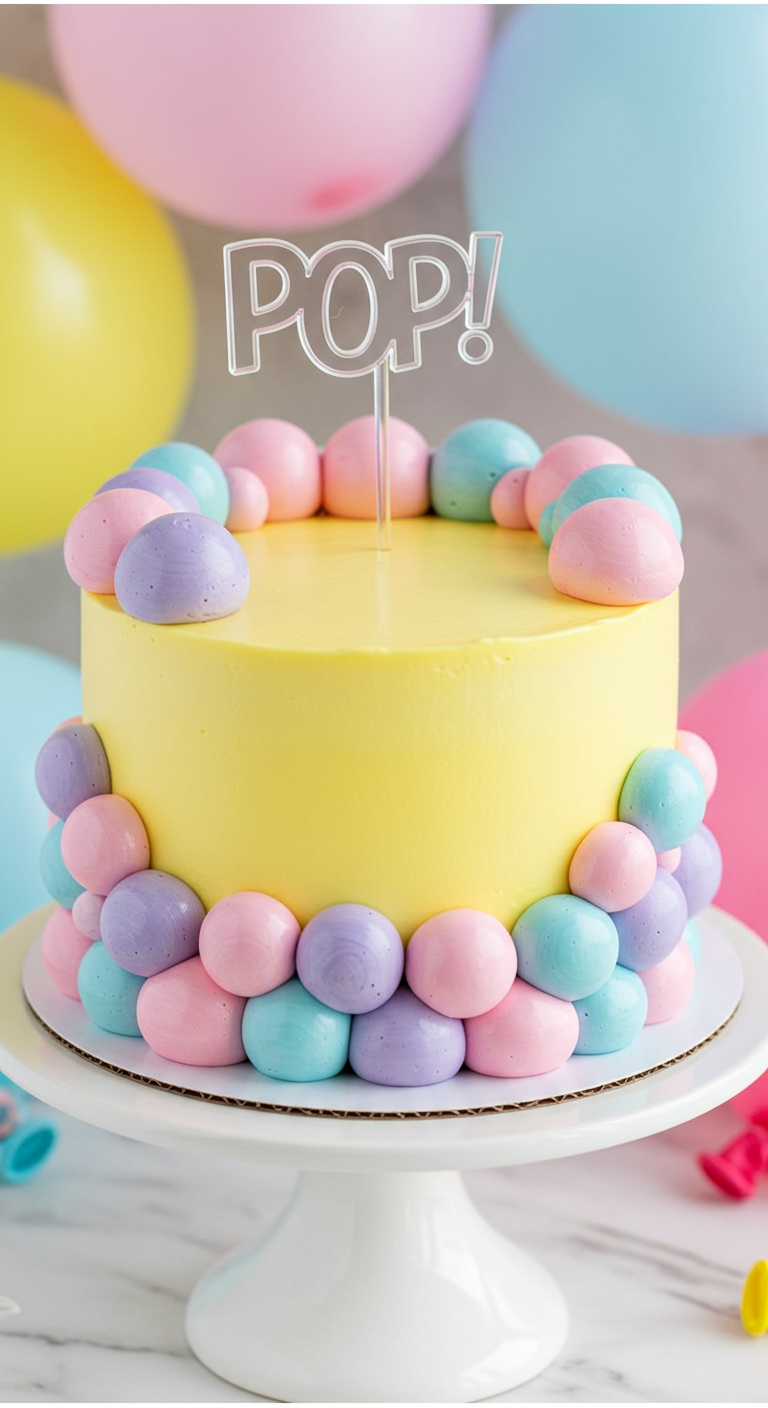 Gelbe Buttercreme-Torte mit bunten pastellfarbenen Kugeln und 'POP!'-Topper.