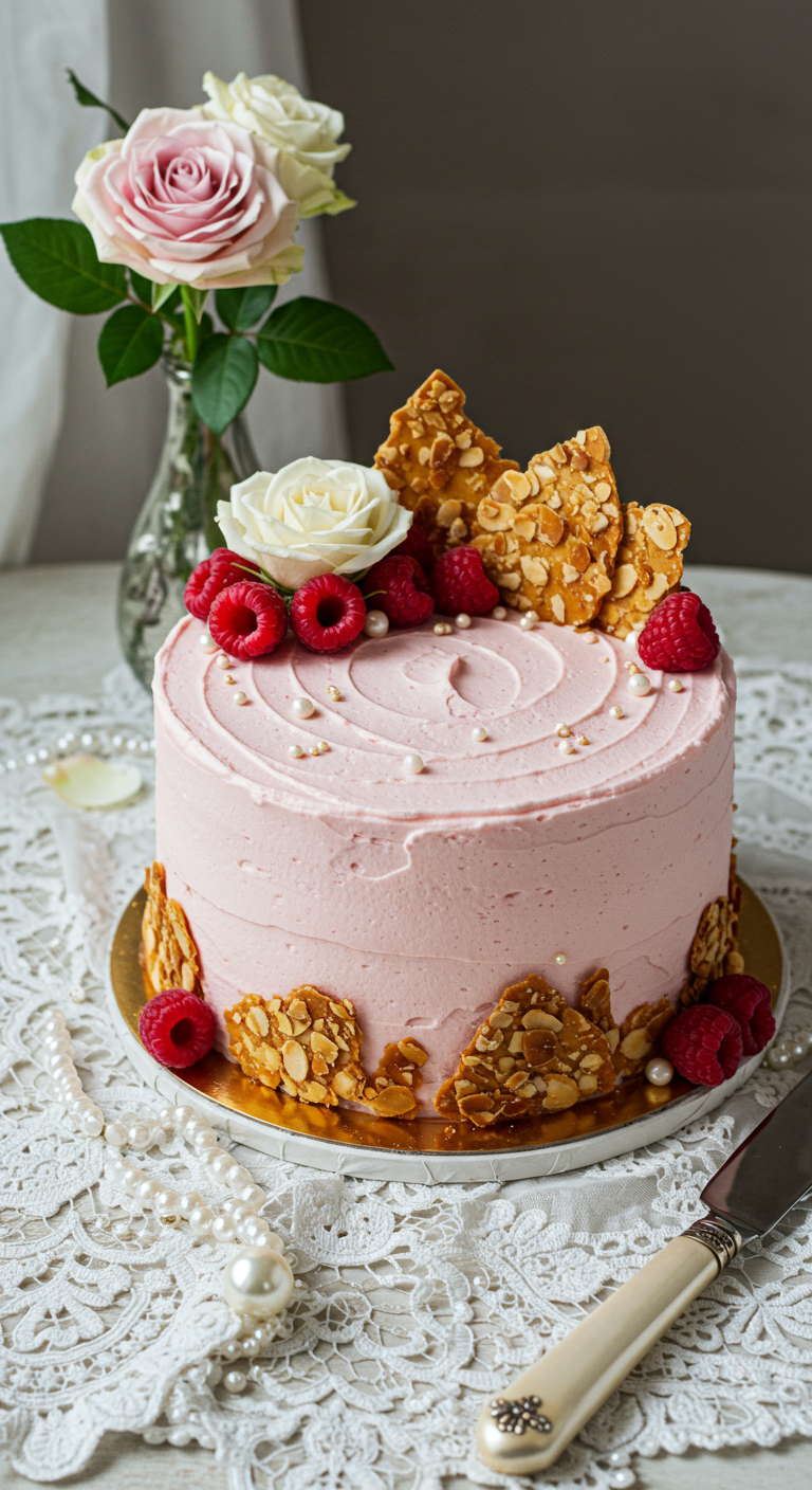 Rosa Torte mit Mandel-Krokant, frischen Himbeeren und weißen Rosen auf Spitzendecke.