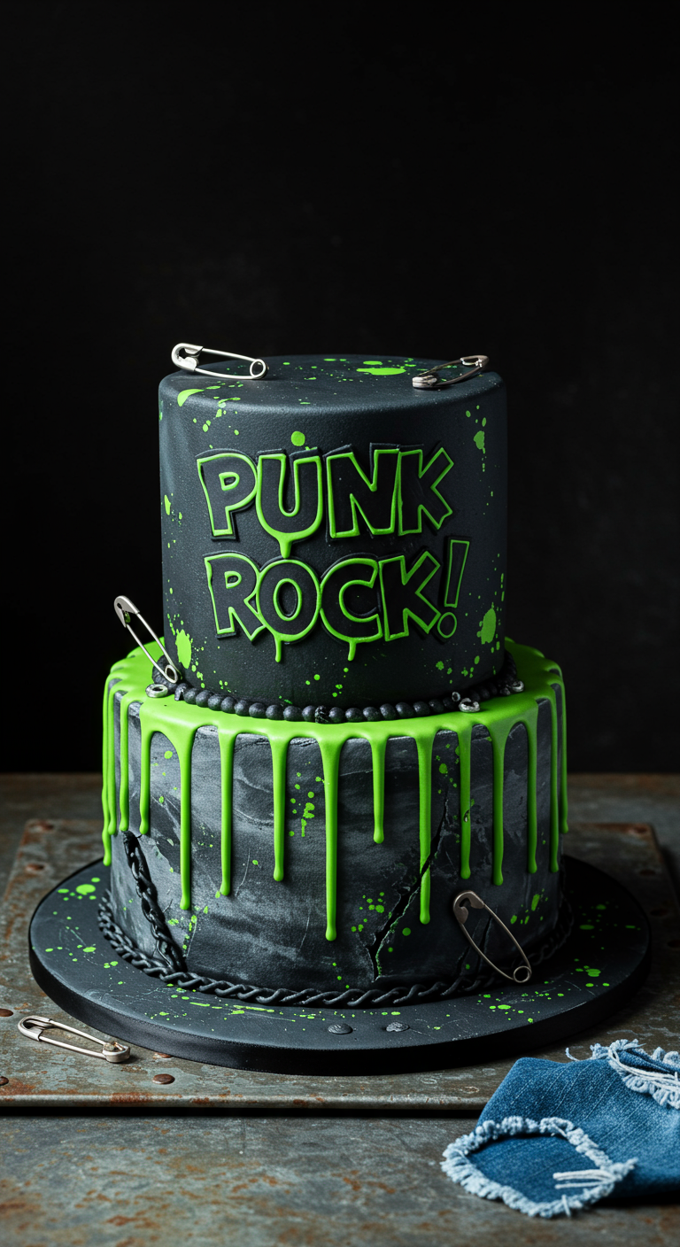 Zweistöckige schwarze Punk-Rock-Torte mit neongrünem Drip und Sicherheitsnadeln.