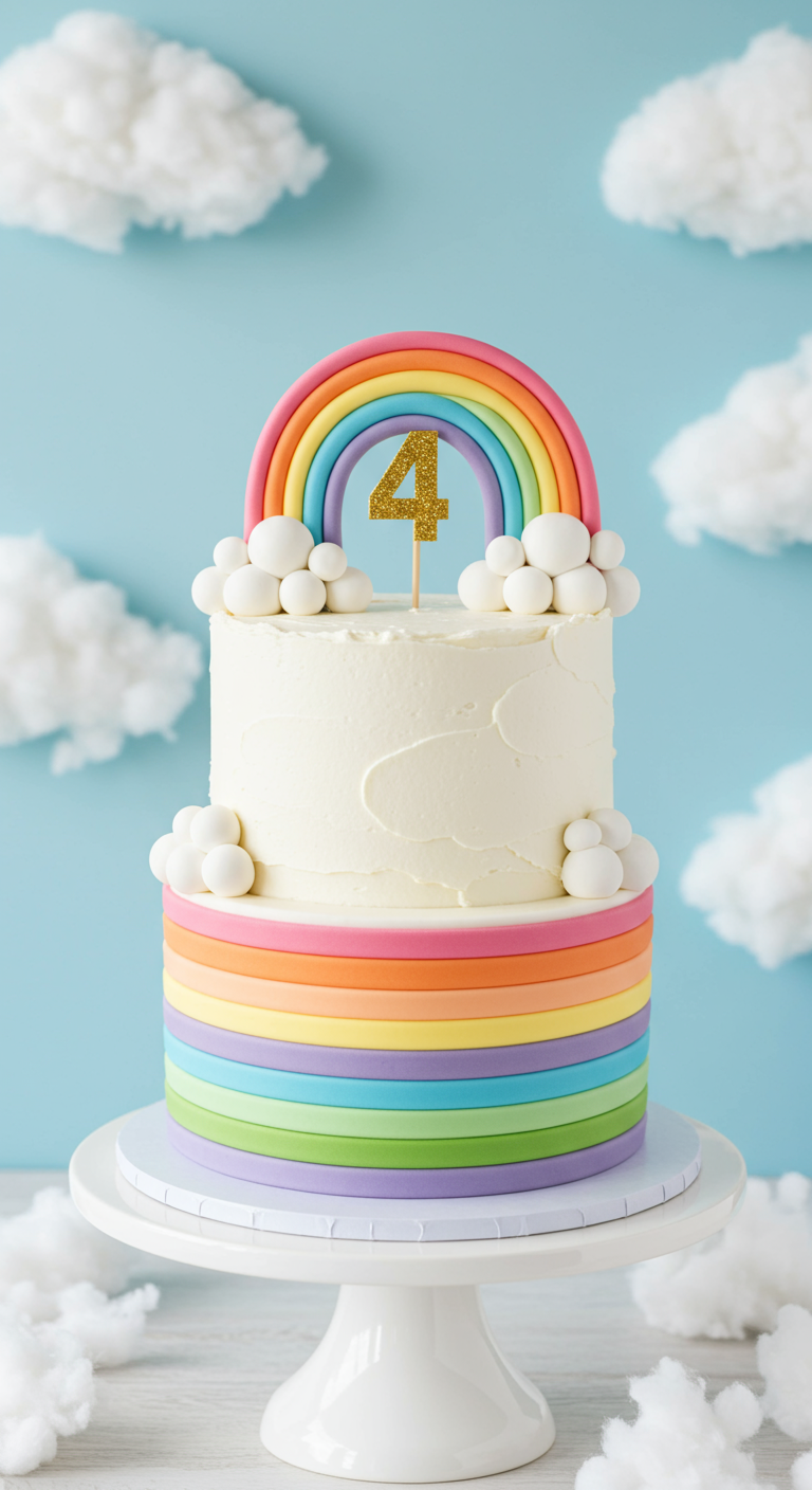 Weiße Torte mit Regenbogen-Fondantstreifen und einem Regenbogen-Topper mit Wolken.