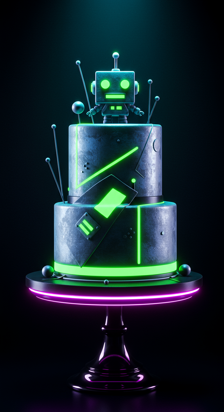 Zweistöckige Robotertorte in Metallic-Optik mit grünen Leuchtelementen.