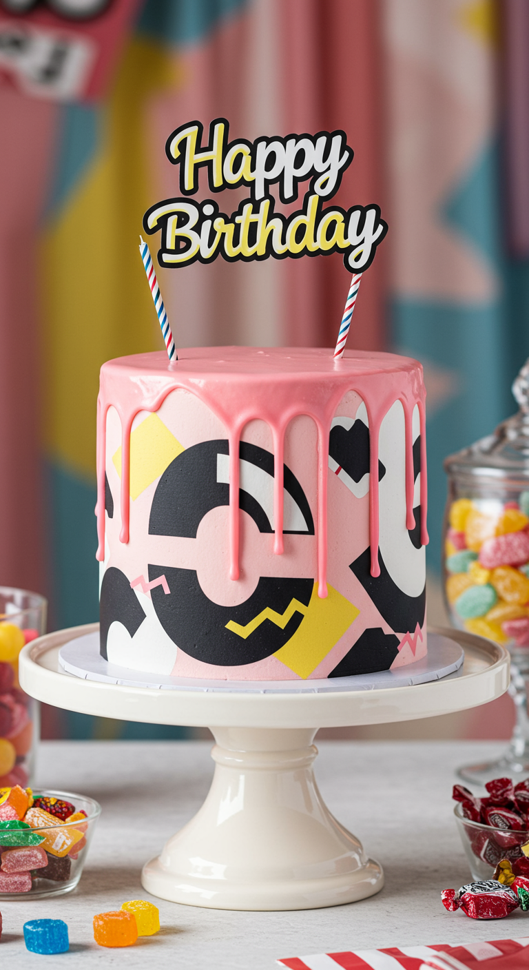 Rosa Drip-Cake mit schwarz-gelb-weißen Memphis-Mustern.
