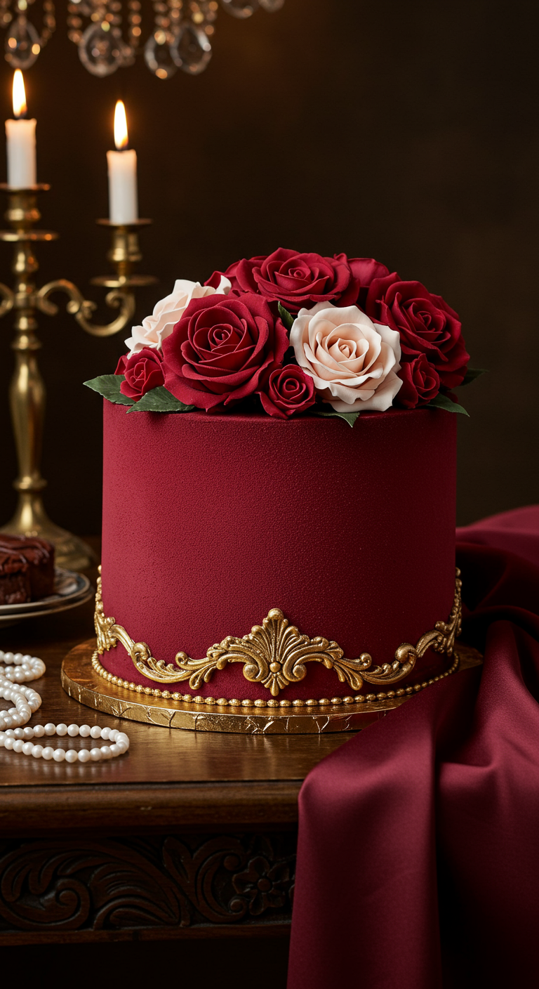 Rote Samt-Torte mit roten und rosa Rosen und goldenen Barock-Ornamenten.