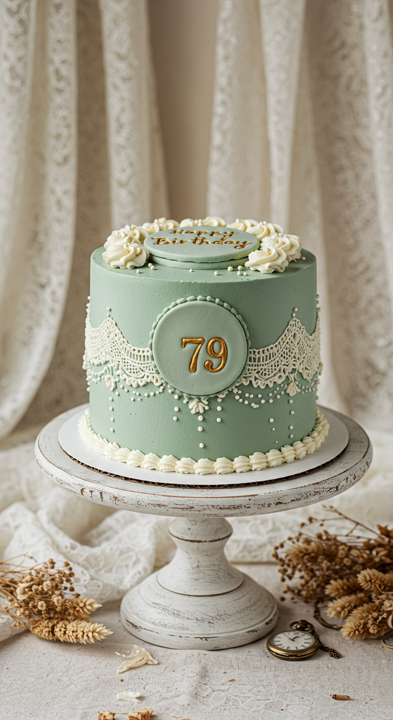 Salbeigrüne Torte mit weißer Spitzendeko, goldenen Zahlen '79' und 'Happy Birthday'.