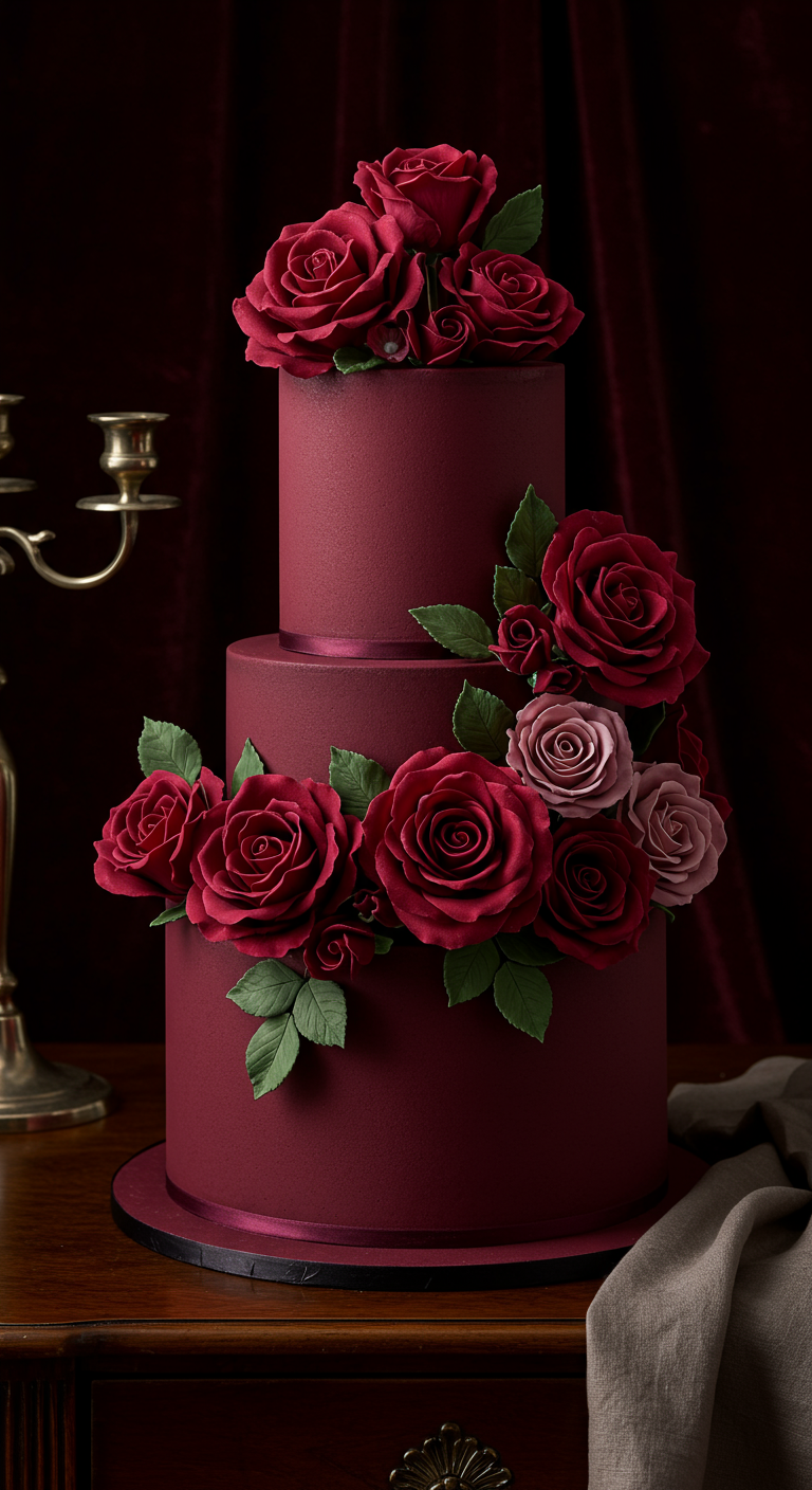 Mehrstöckige, samtig-rote Torte, üppig dekoriert mit roten und rosa Zuckerrosen.