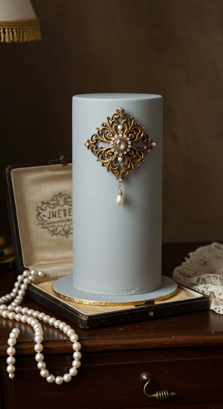 Hohe, schlichte graue Torte mit einer opulenten goldenen Vintage-Brosche als zentrales Element.