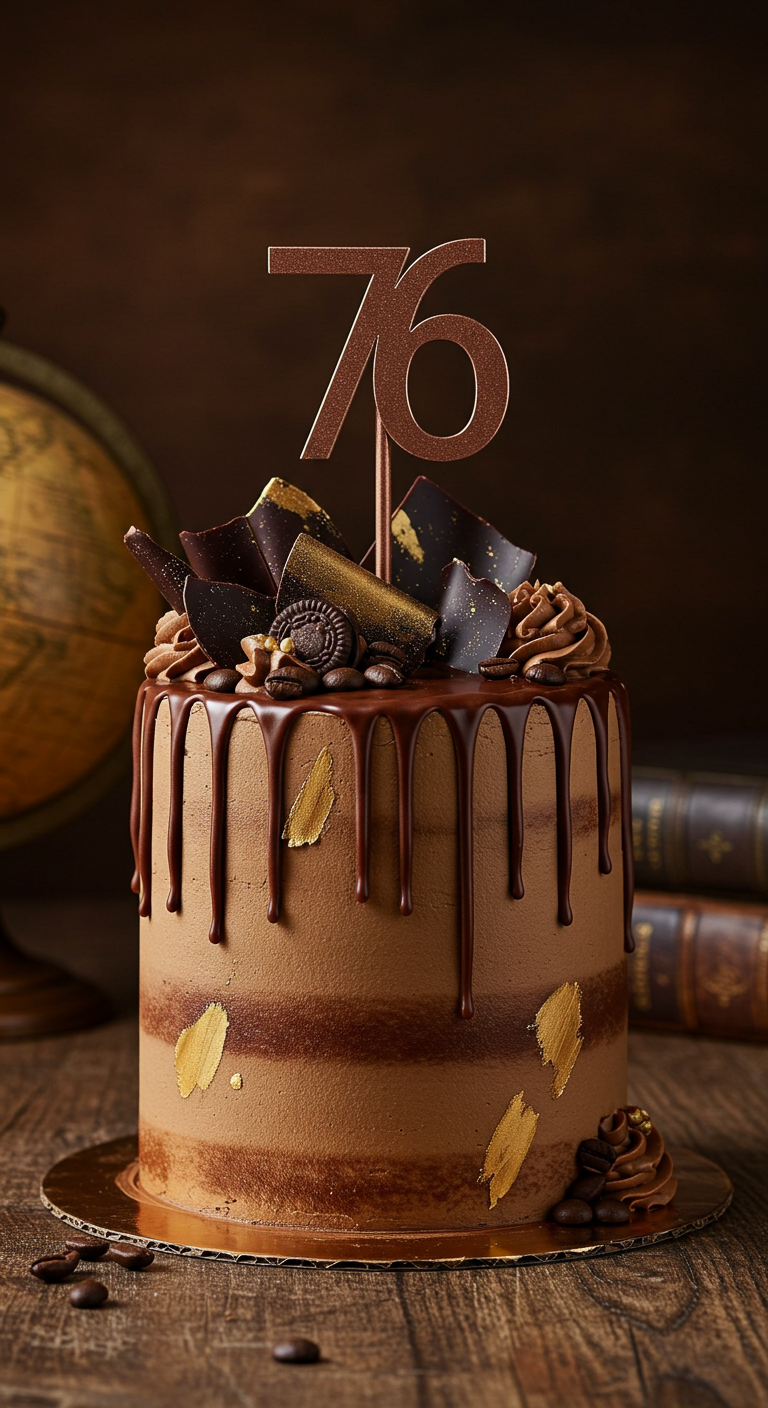 Schokoladen-Drip-Cake mit Zahl 76 und Schoko-Dekorationen.