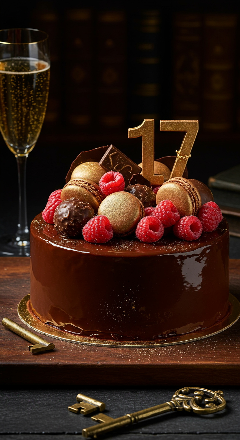 Schokoglasur-Torte mit Himbeeren, goldenen Macarons und Zahl 17.