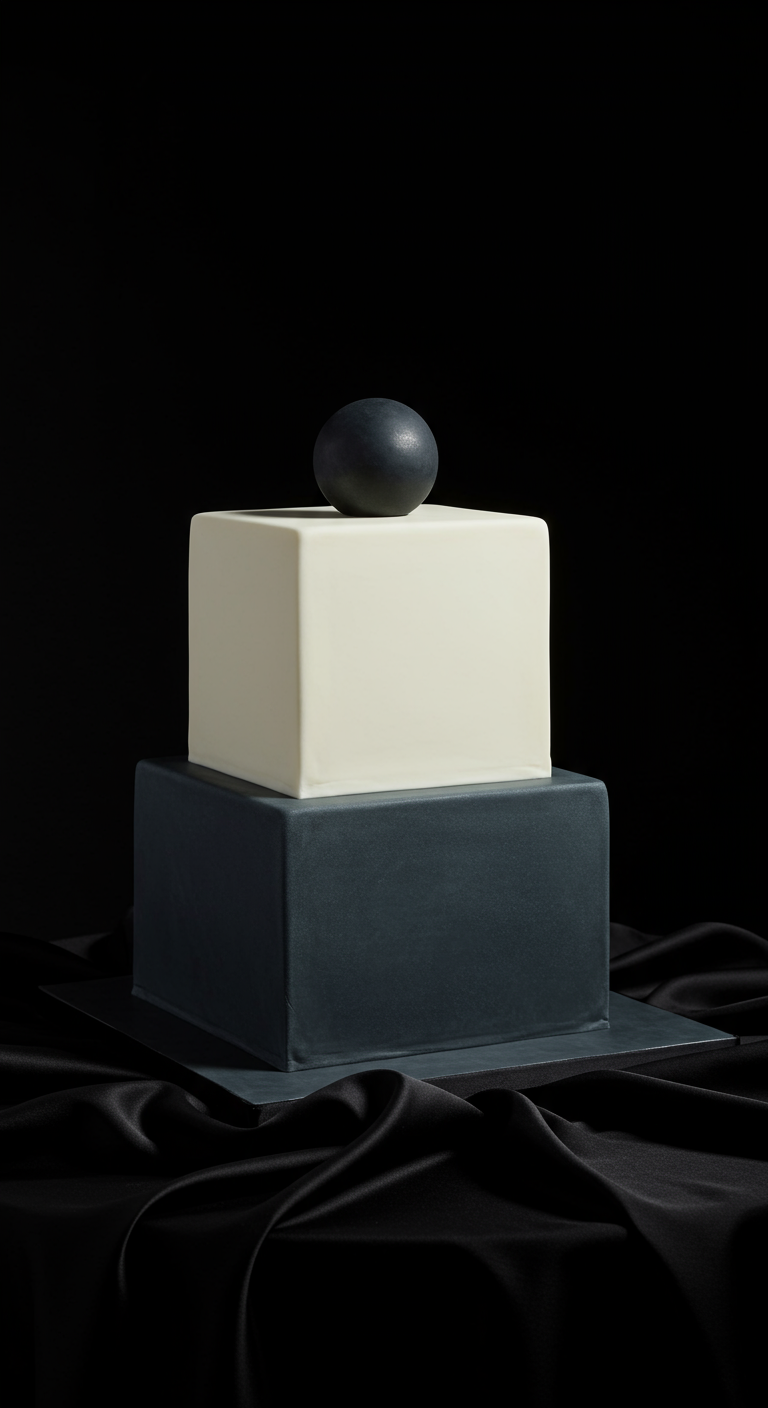 Zweistöckige quadratische Torte, untere Etage schwarz, obere weiß, mit schwarzer Kugel.
