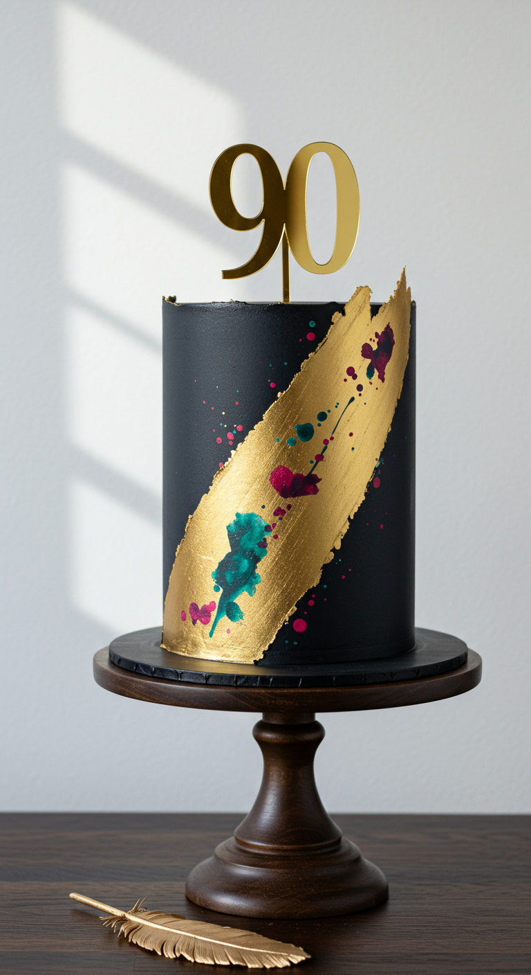 Hohe schwarze Torte mit einem breiten goldenen Pinselstrich und bunten Farbspritzern.