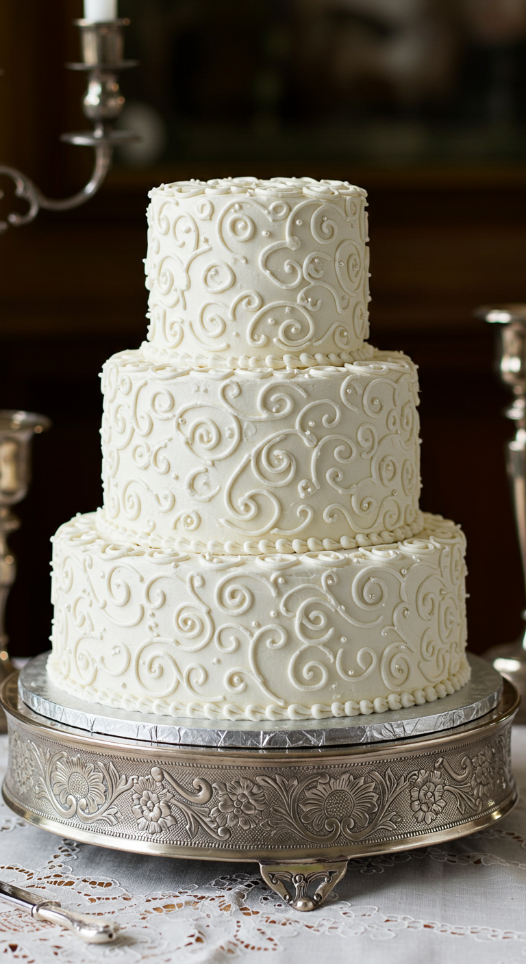 Dreistöckige weiße Hochzeitstorte mit aufwendigen weißen Buttercreme-Schnörkeln und Perlen.