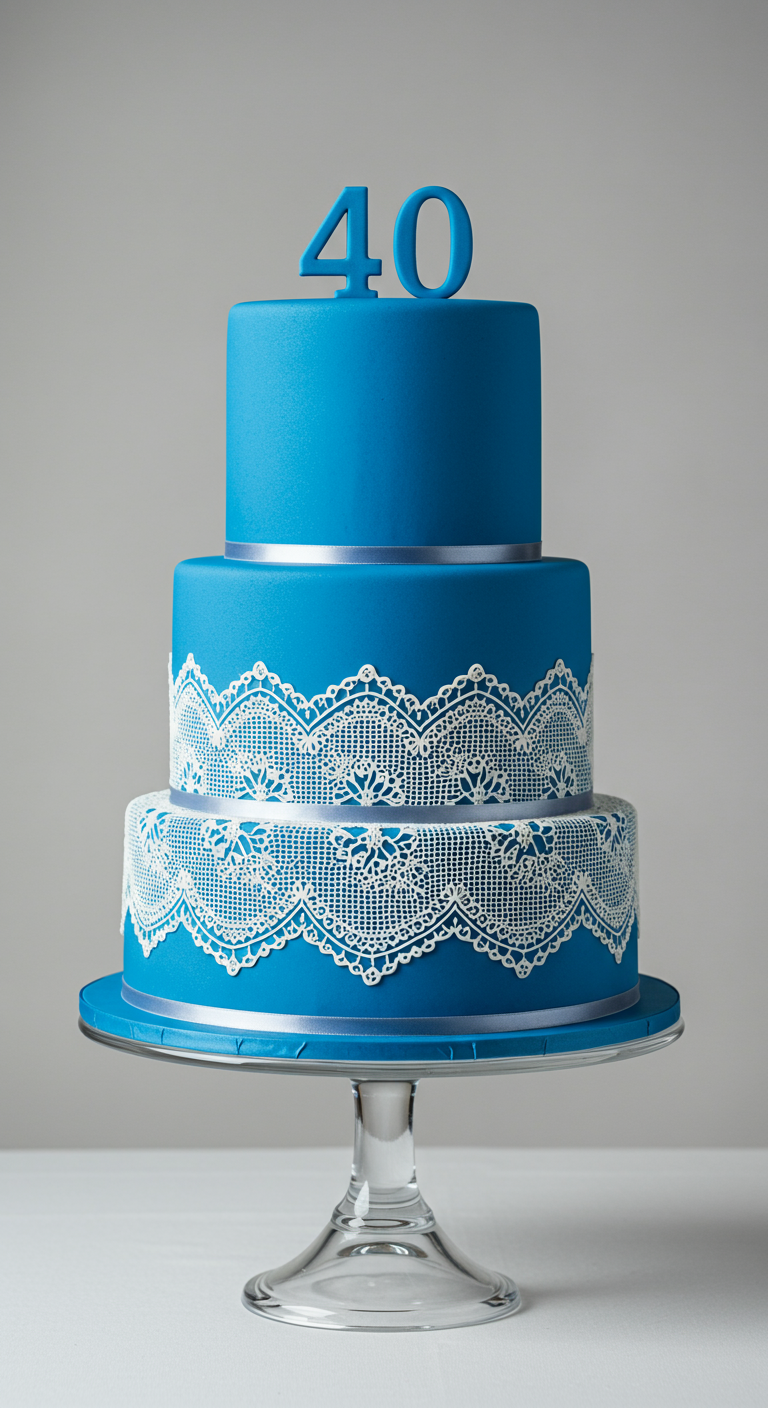 Dreistöckige blaue Torte mit weißer Spitze und 