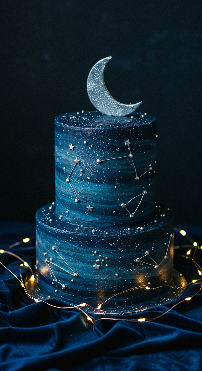 Zweistöckige dunkelblaue Torte, die einen Sternenhimmel mit Mond darstellt.