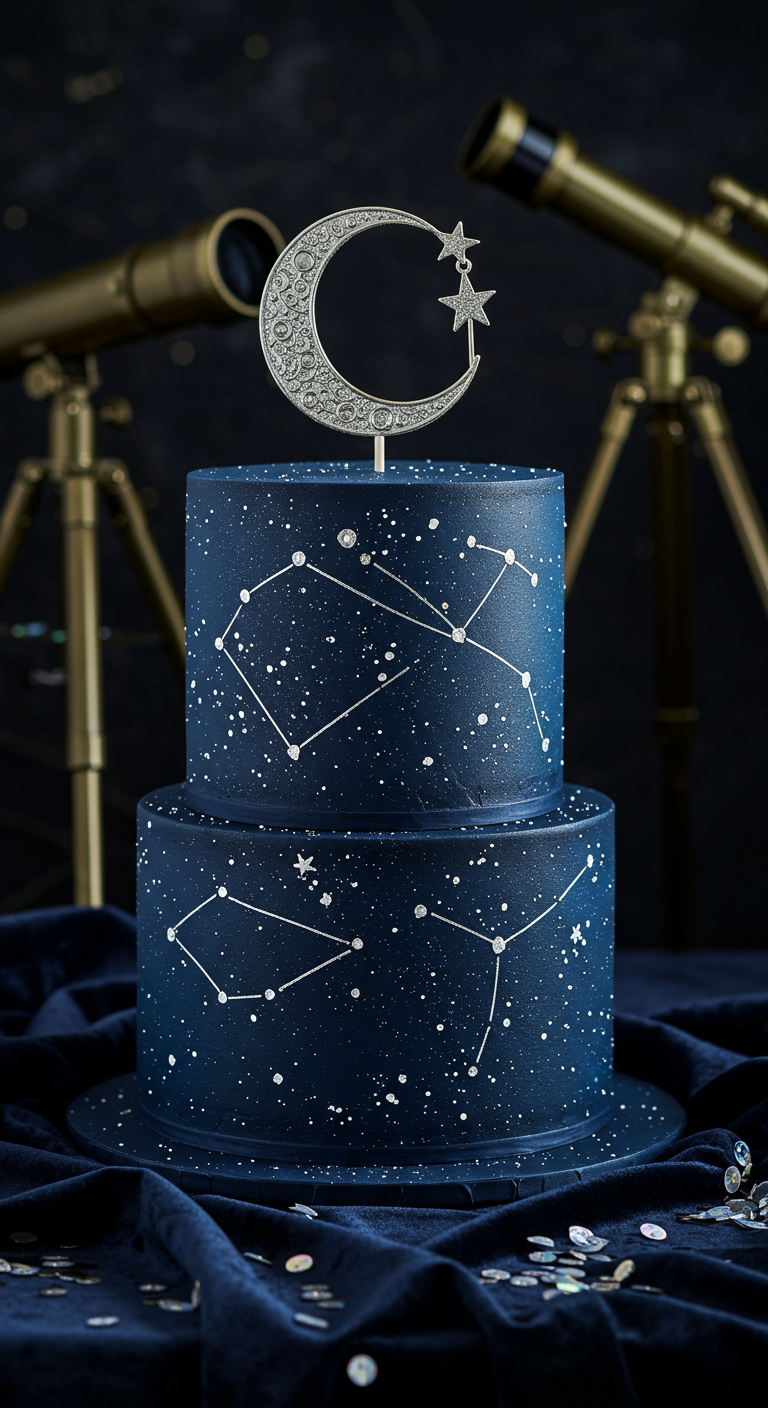 Dunkelblaue Torte mit Sternbildern und Mond-Topper.